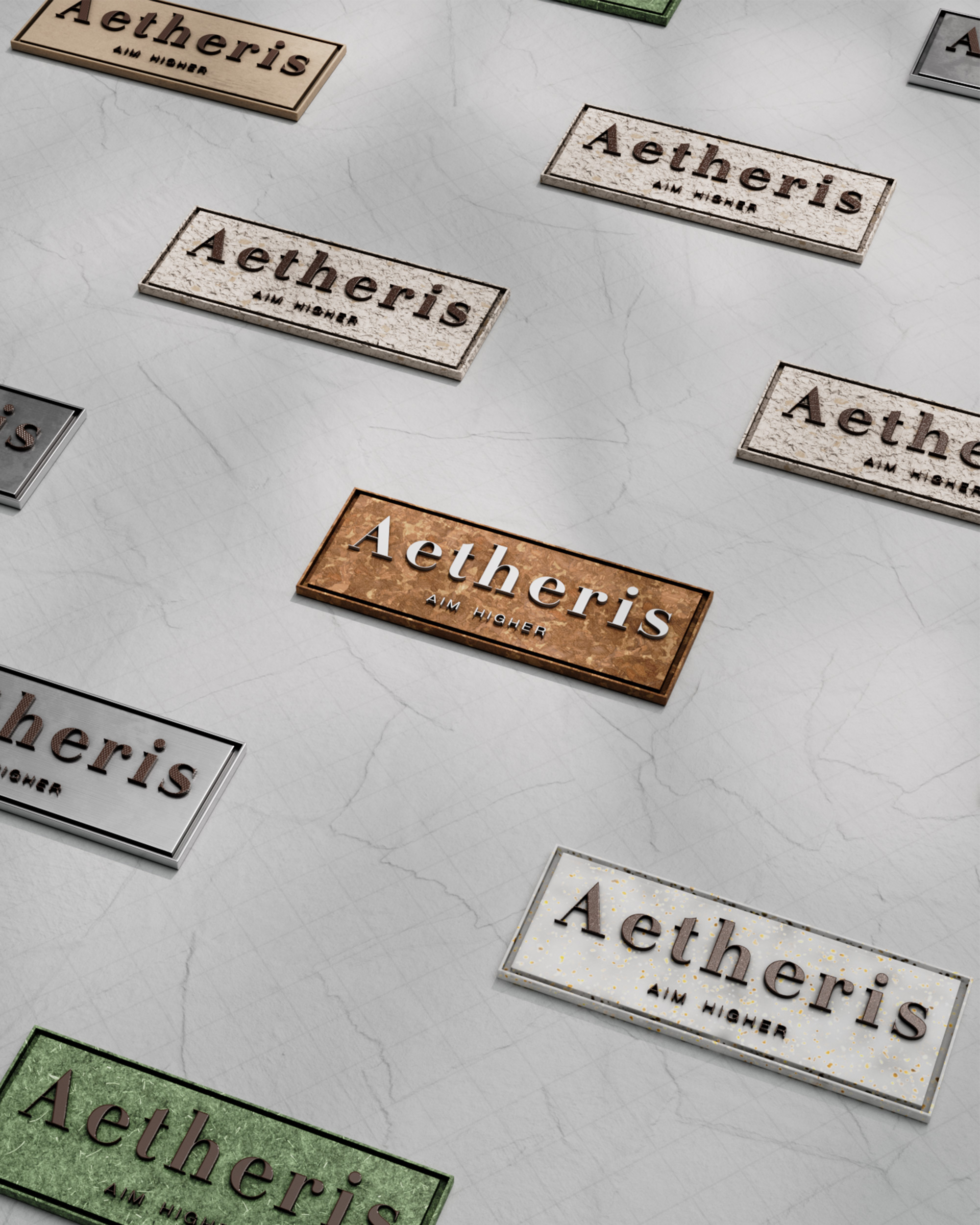 The same Aetheris label repeated across material finishes, brushed brass, cork, terrazzo, brushed steel, gold-flecked resin and green recycled composite, scattered on a marble surface, 3D render