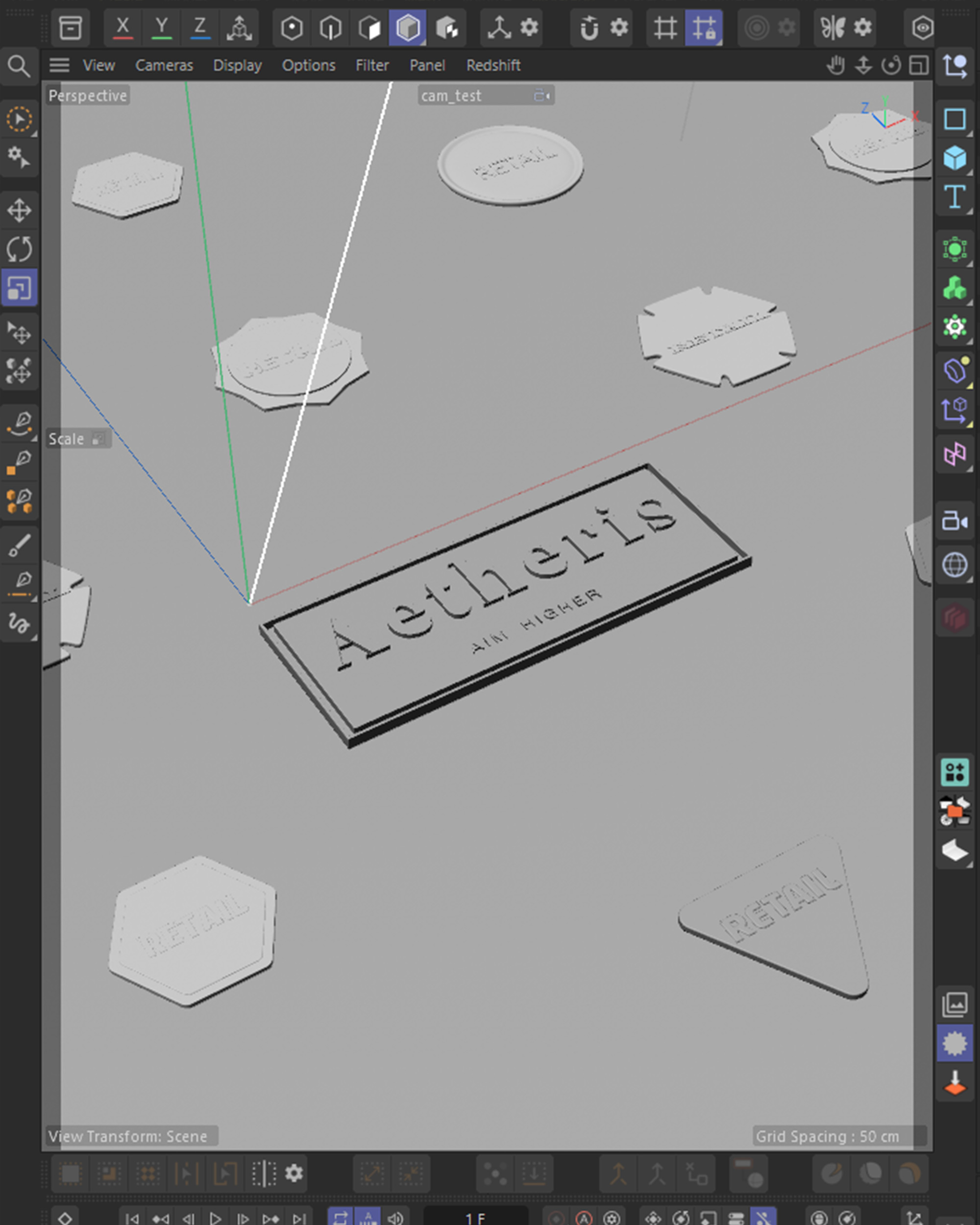 Cinema 4D viewport of the Aetheris label on the cutting mat, clay model with the die-cut RETAIL patch blanks laid out around it