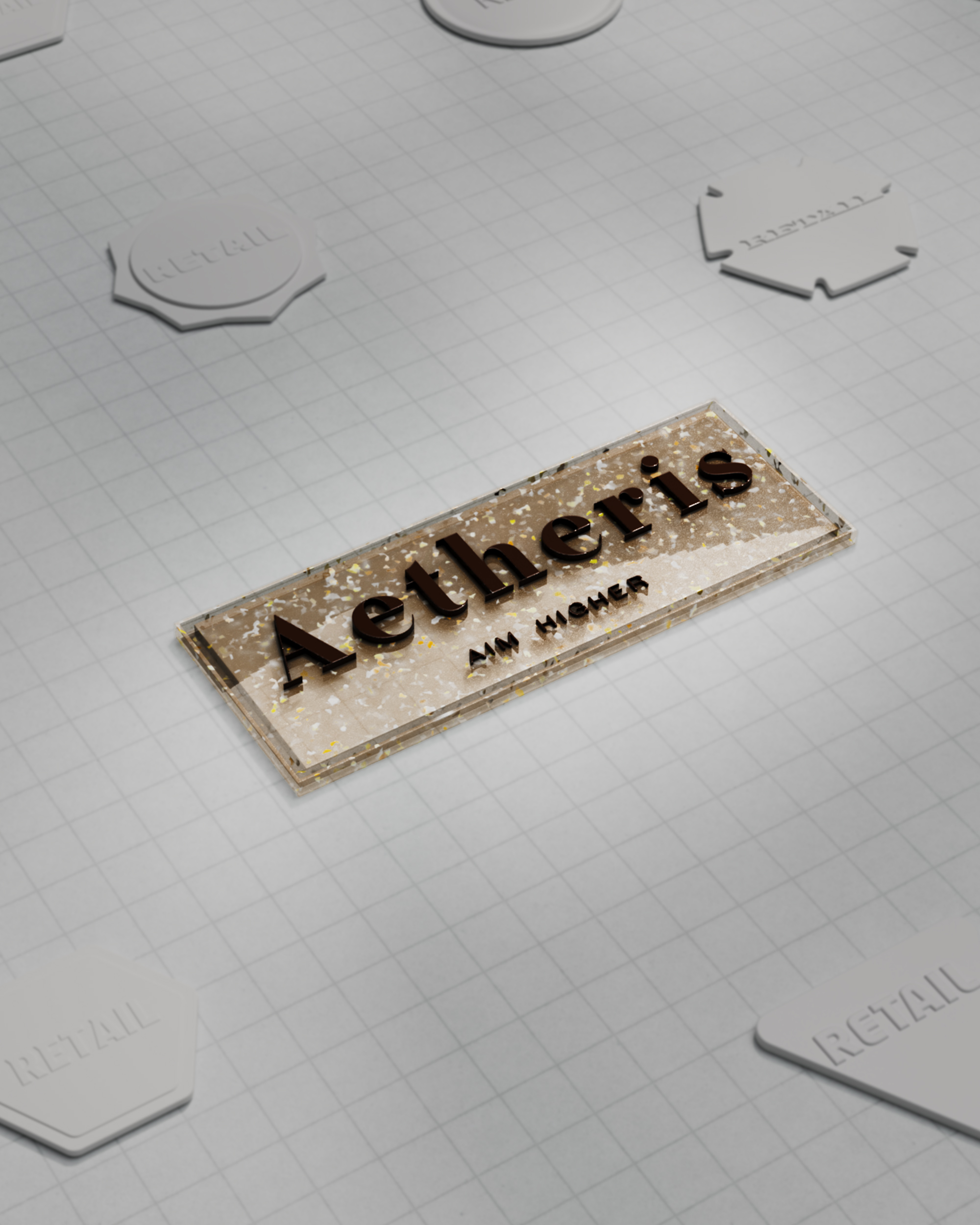 Aetheris brand label cast in speckled terrazzo resin with raised brown lettering and the Aim Higher strapline, laid on a gridded cutting mat beside die-cut RETAIL patch blanks, 3D render
