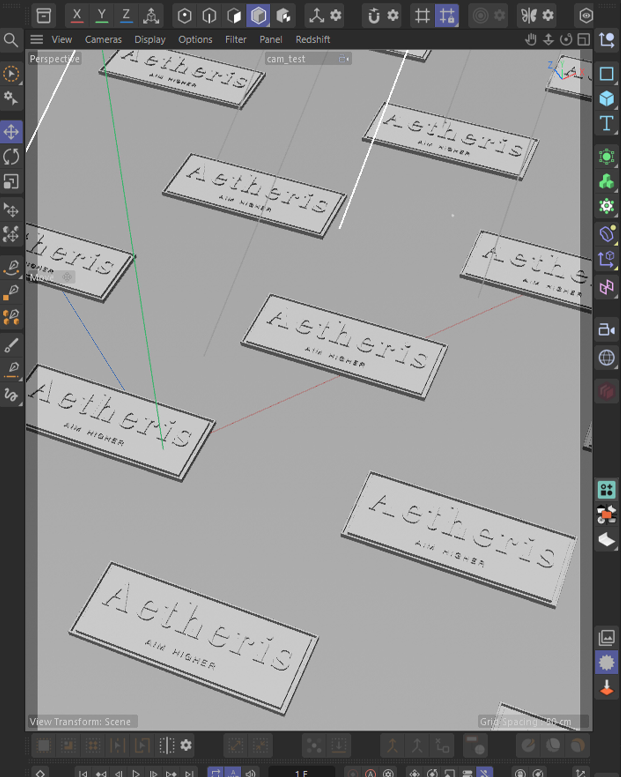 Cinema 4D viewport of the scattered Aetheris labels, clay plaques arranged for the material study
