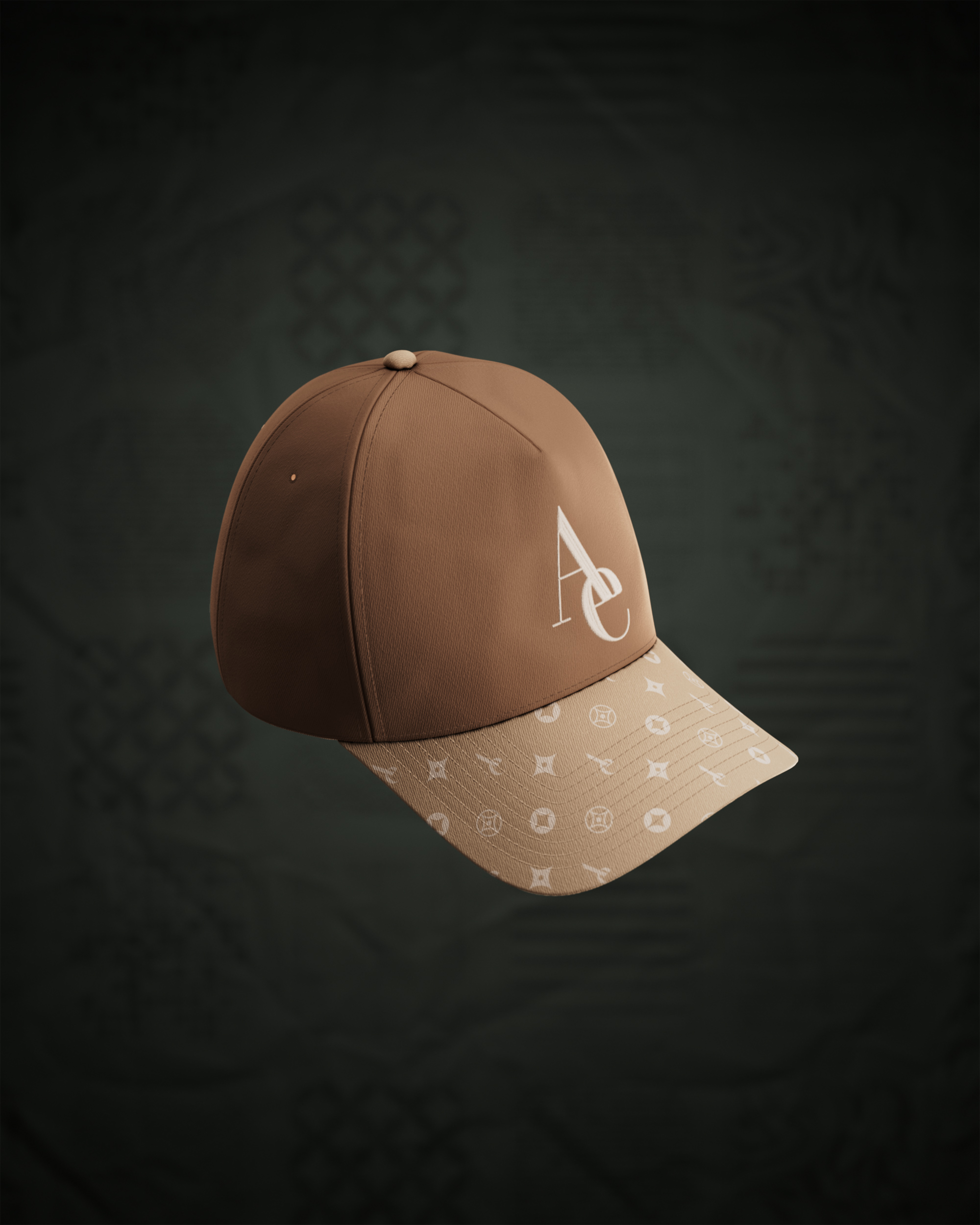 Tan six-panel cap with the Aetheris monogram embroidered in cream on the front panel and a monogram-print brim, floating against dark green, 3D product render