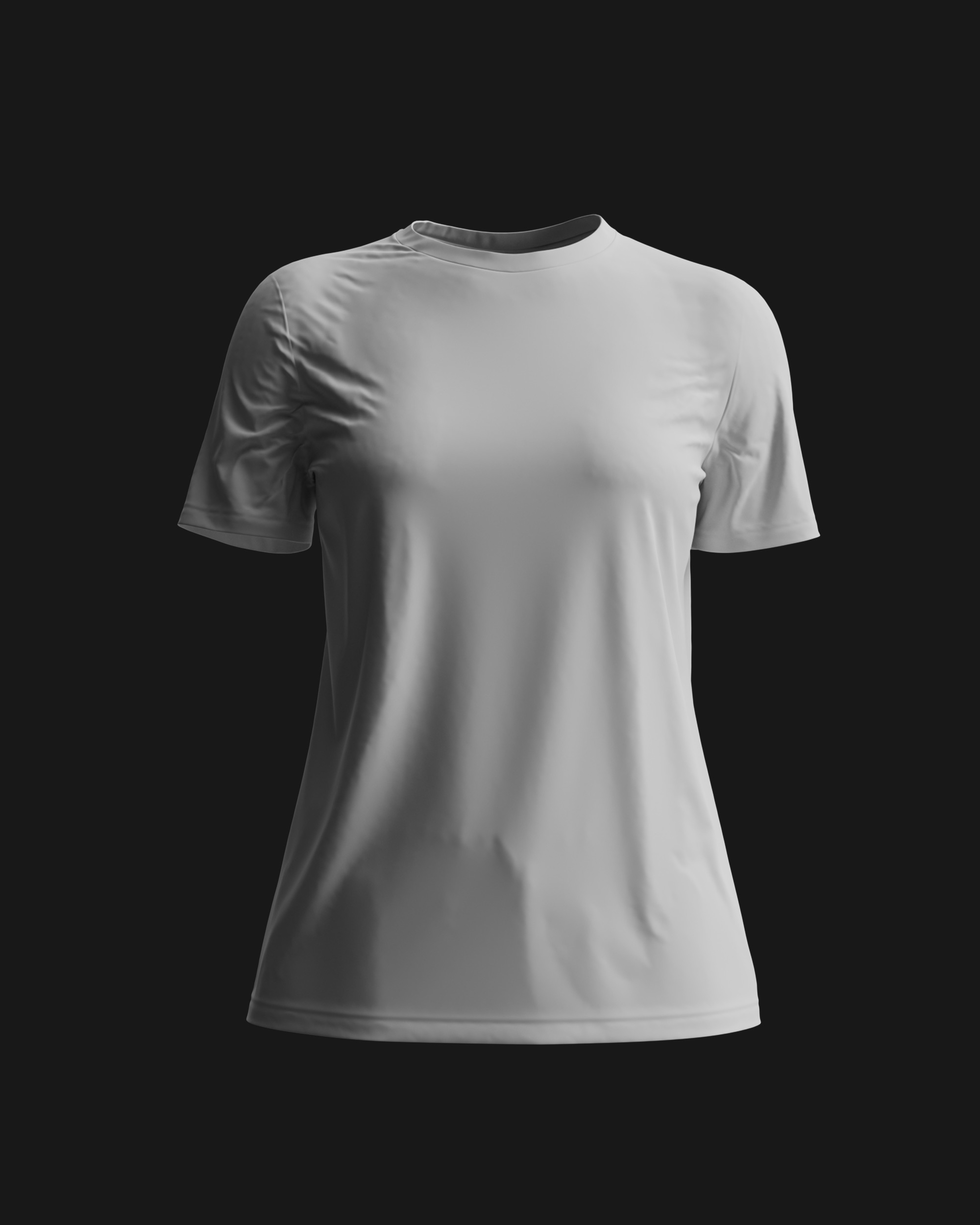 Blank white base tee before any branding, plain crew neck and set-in sleeves on a black backdrop, photoreal CGI render