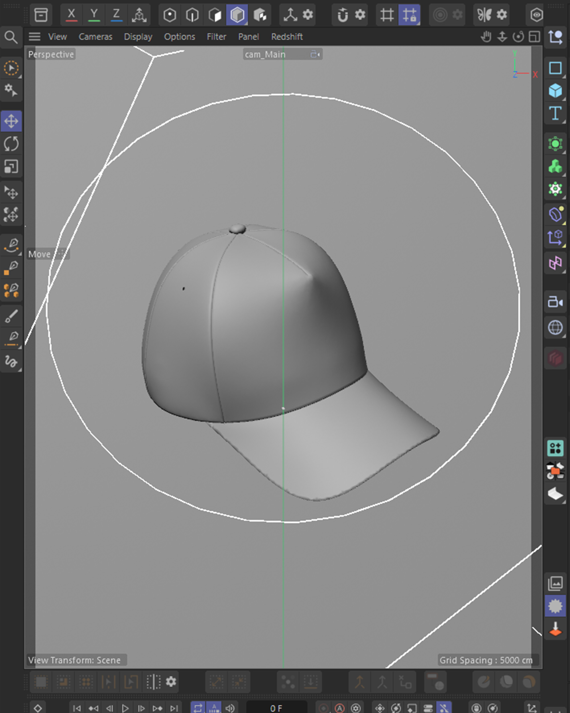 Cinema 4D viewport of the six-panel cap, clay model showing the panel seams, button and brim curve before the twill shader