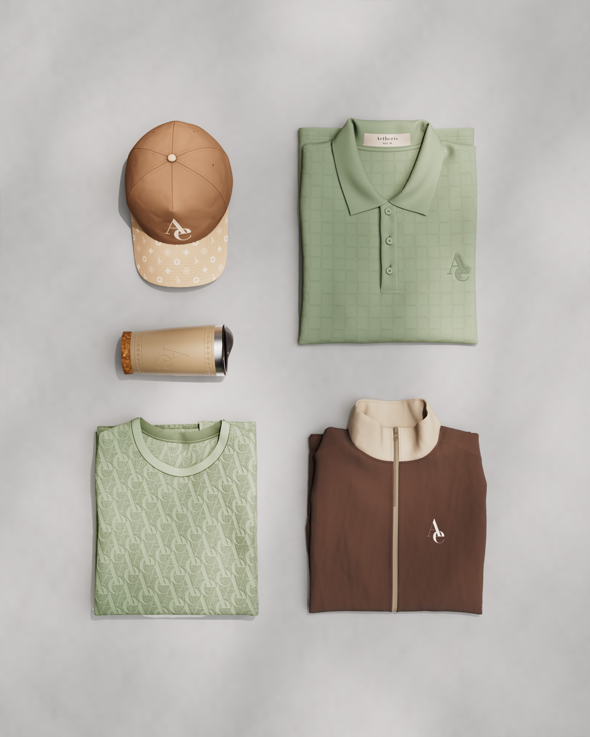 Aetheris merchandise bundle flat-lay, tan monogram cap, sage piqué polo with woven neck label, cork-wrapped travel cup, folded monogram tee and brown track jacket, 3D render