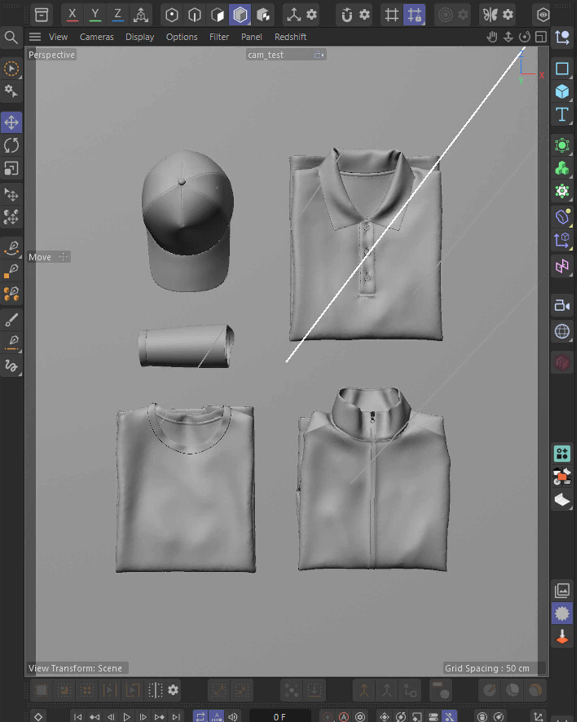 Cinema 4D viewport of the merchandise bundle flat-lay, clay models of the cap, folded polo, travel cup, tee and track jacket