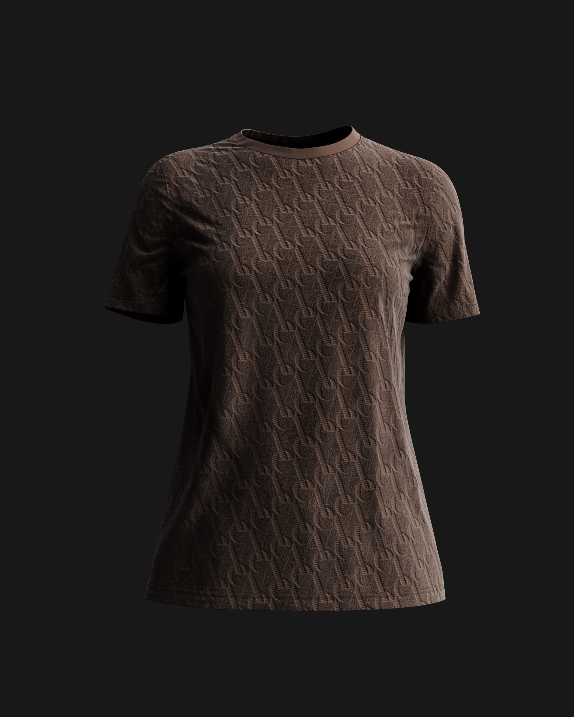 The same monogram jacquard tee in a mocha brown colourway, the weave catching the light across the chest, photoreal CGI render