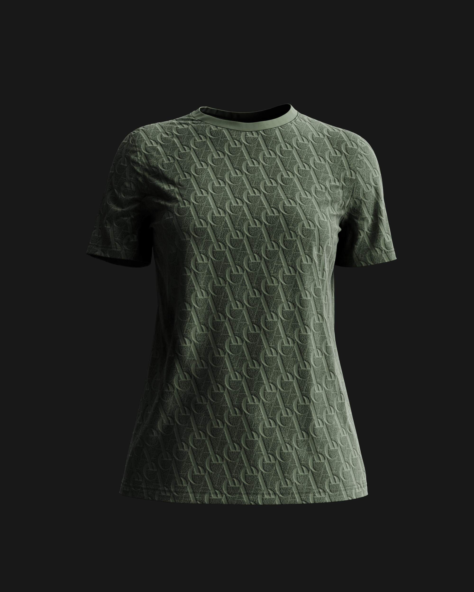 Sage green tee woven with an all-over Aetheris monogram jacquard, tonal ribbed collar, photoreal CGI render