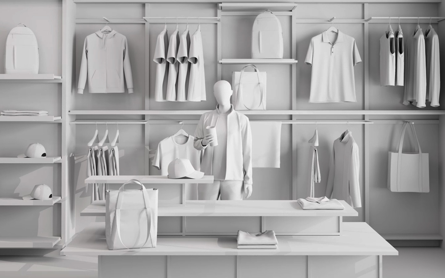 Clay render of the retail store set, every material stripped back to white so the lighting and composition can be judged on their own