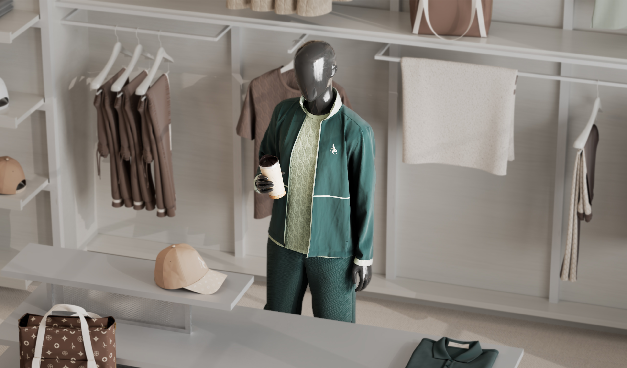 Wider store view over the display table, the track jacket mannequin in pleated green trousers, a tan cap and monogram tote on the plinths, boucle throw on the rail and folded polos below, photoreal CGI render