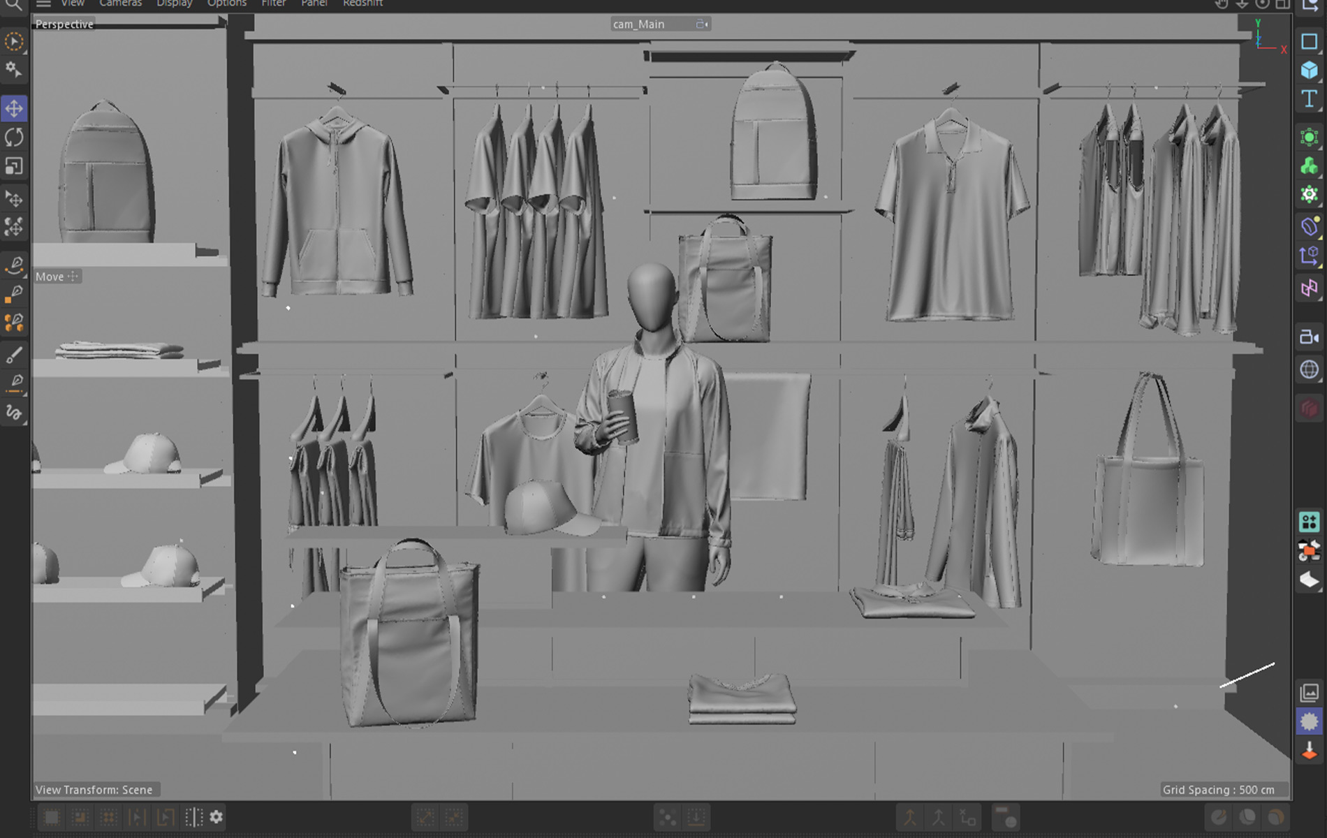 Cinema 4D viewport of the full retail store scene from the main camera, clay fixture wall, rails, plinths, folded stacks and the mannequin