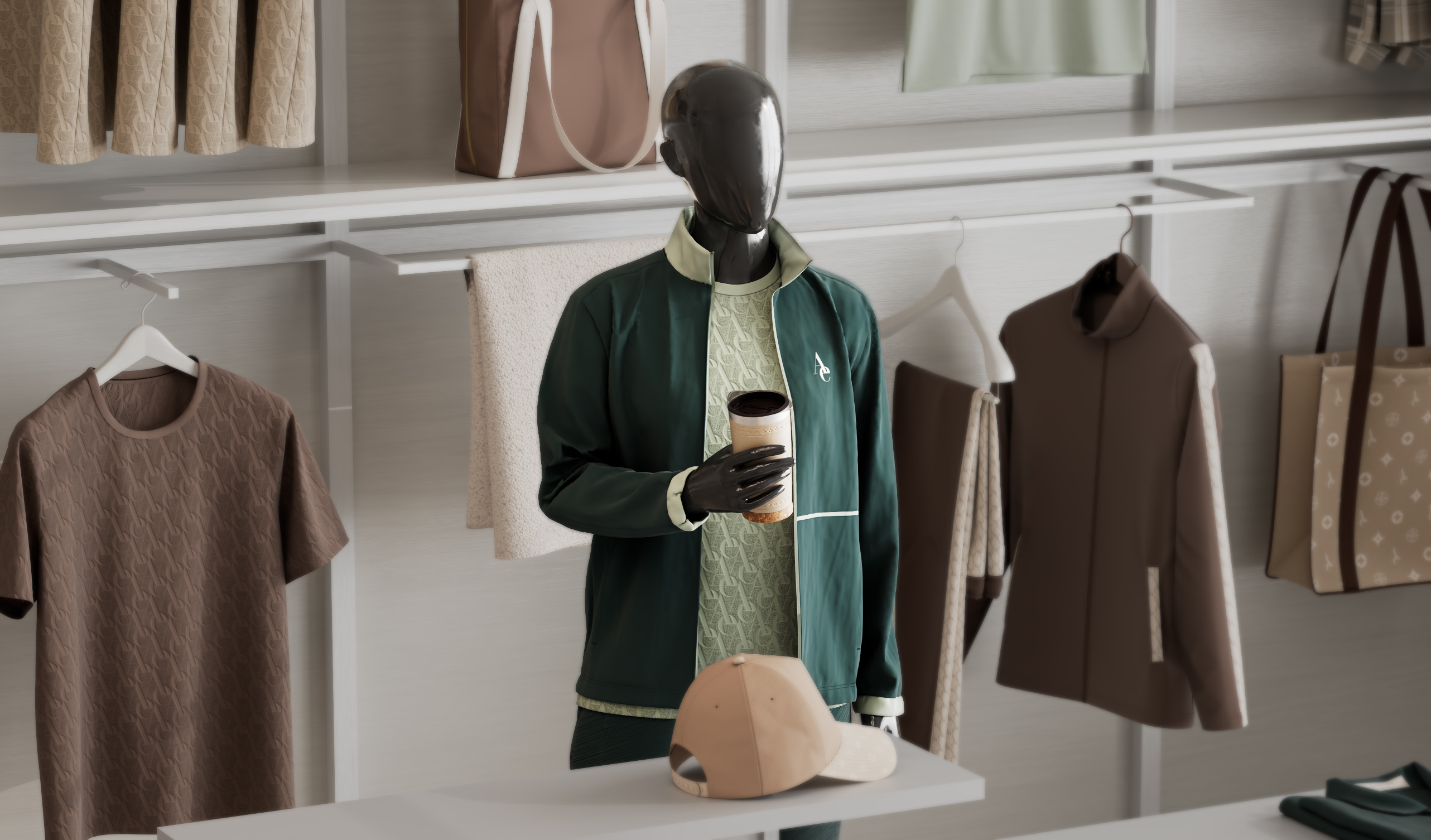 Mannequin in the green Aetheris track jacket over the sage monogram tee, holding a branded travel cup in leather gloves, a mocha monogram tee and a brown coat hung either side and a tan cap on the plinth, photoreal CGI render