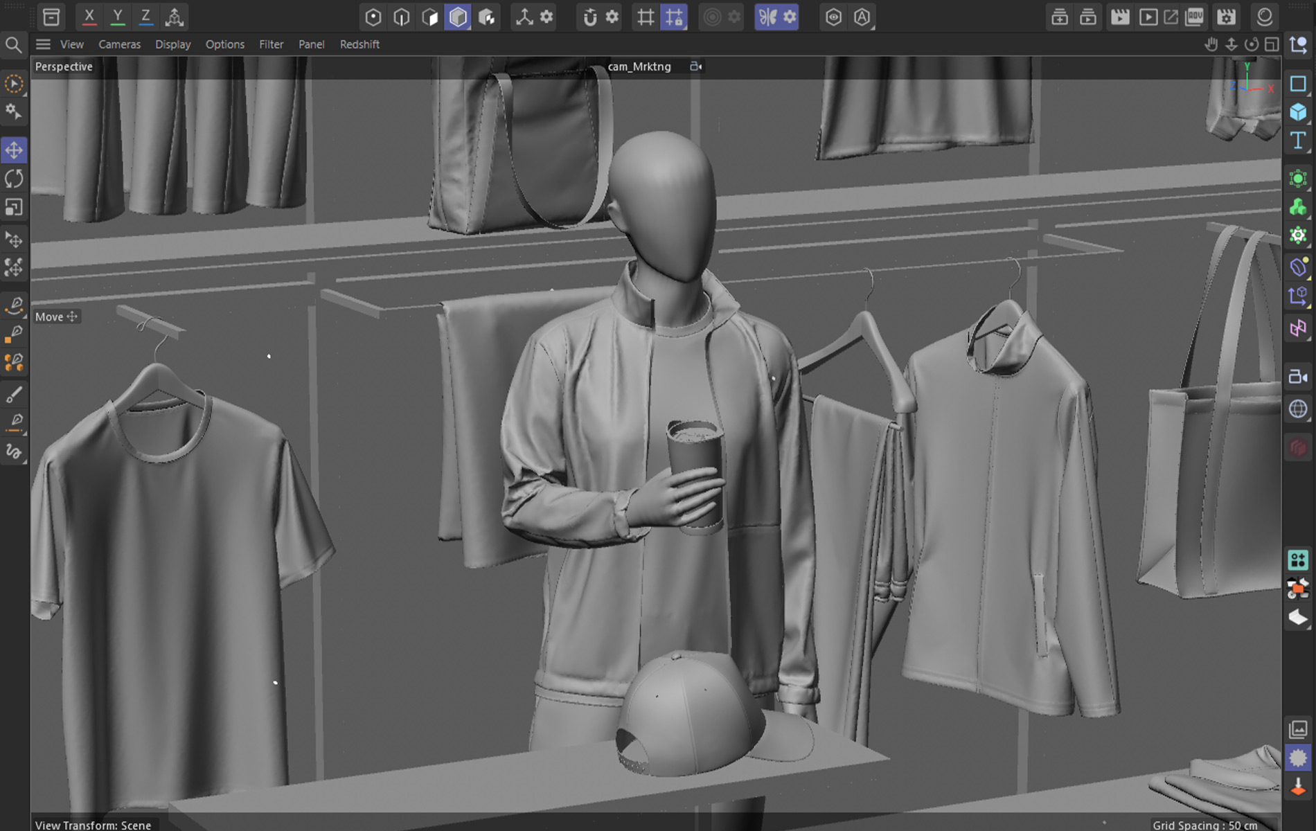 Cinema 4D viewport from the first marketing camera, clay mannequin holding the travel cup with hung tees, a tote and the cap on the plinth