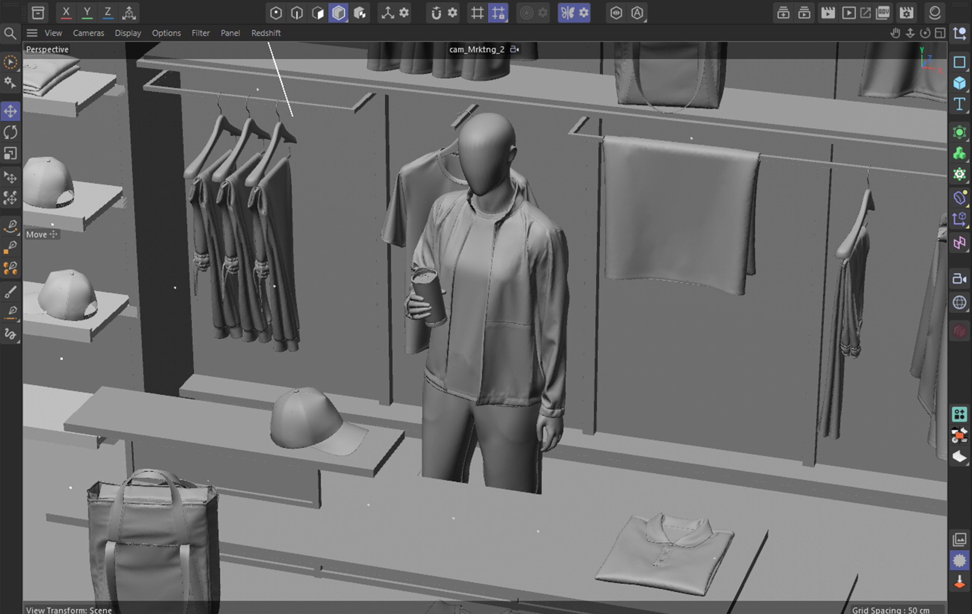 Cinema 4D viewport from the second marketing camera, wider clay angle across the display table, hanging rail and shelved caps