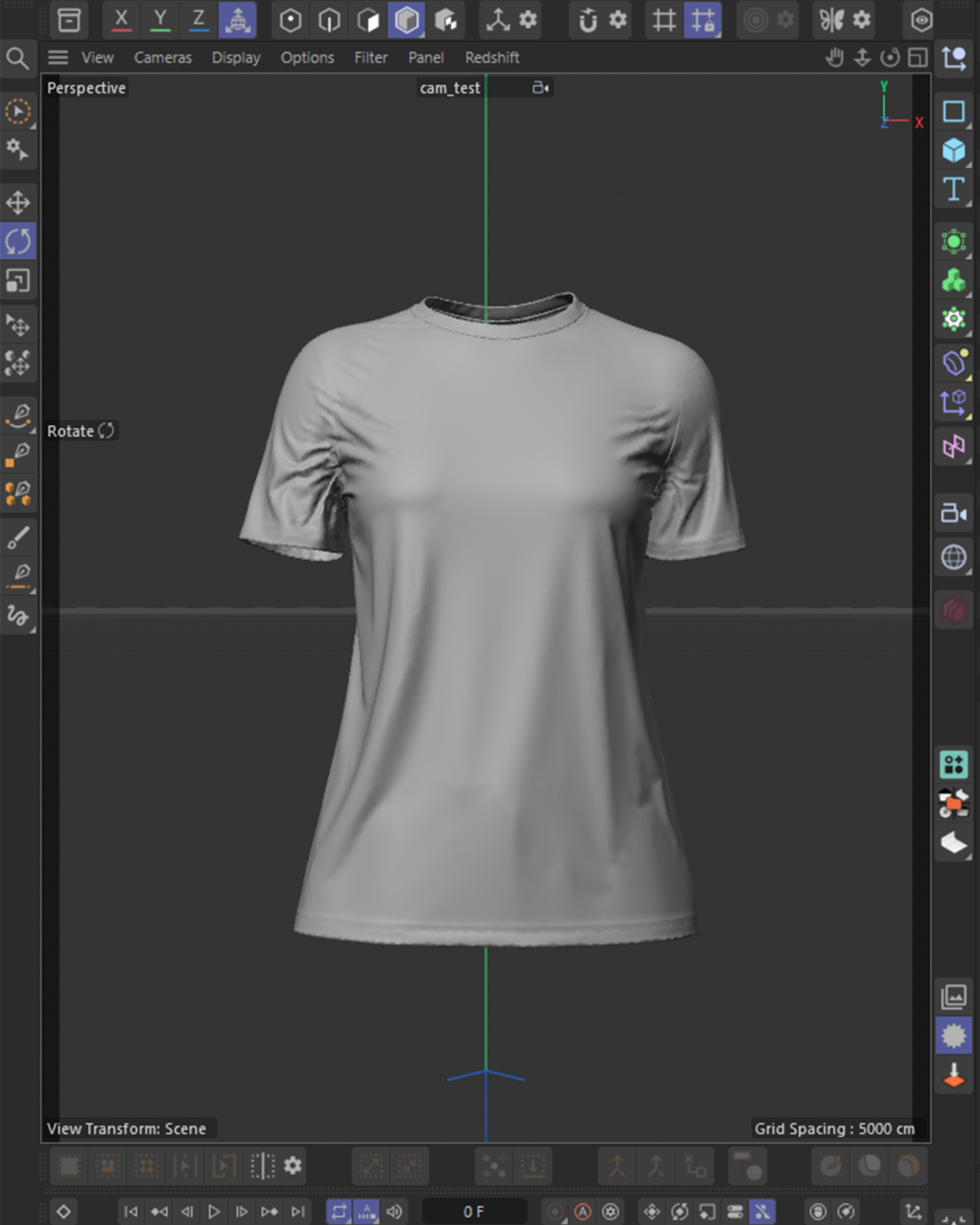 Cinema 4D viewport of the tee, untextured clay garment with the collar rib, sleeve gathers and hem stitching already simulated