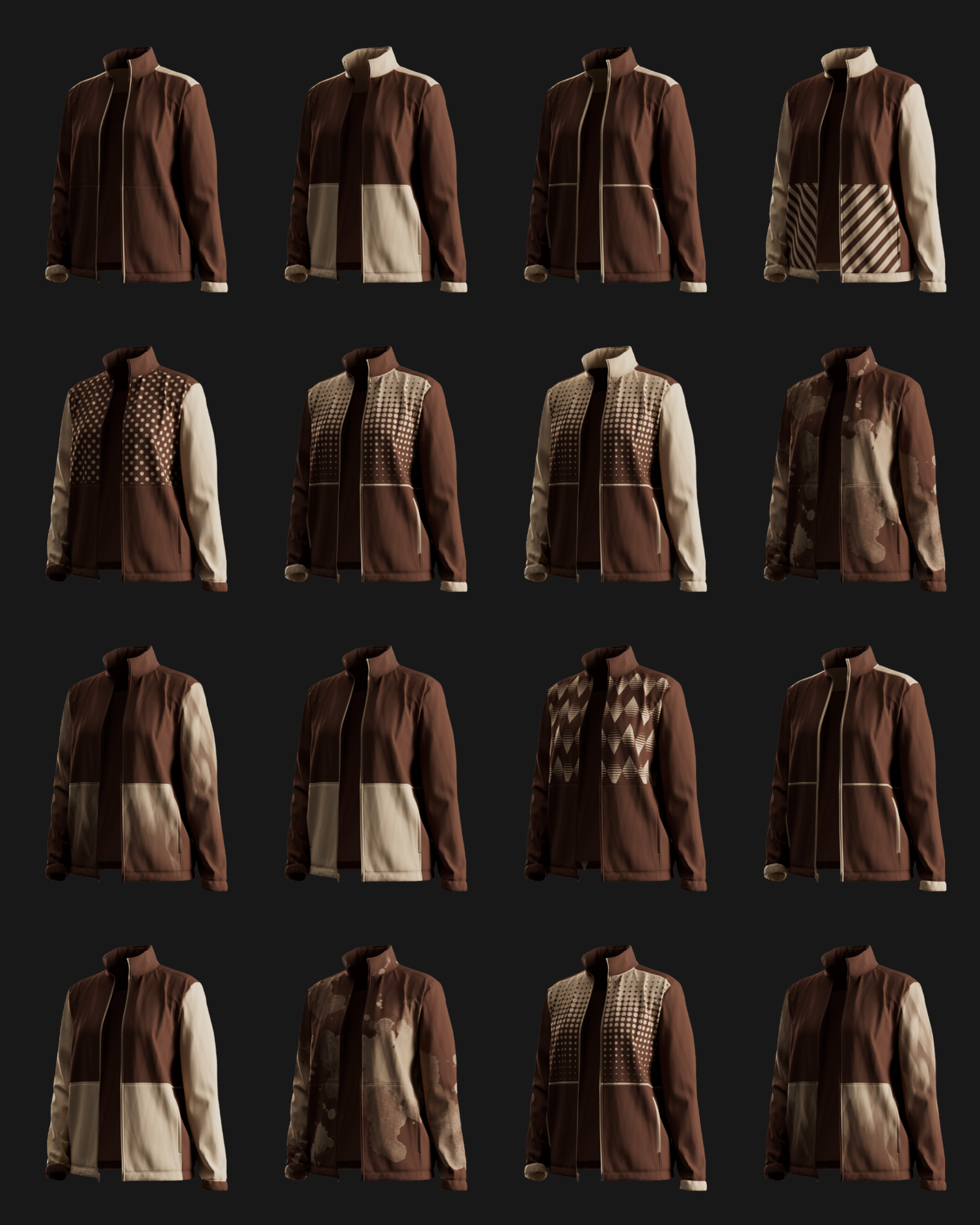 Sixteen-up grid of the same track jacket, each one carrying a different colour-block split or print treatment, from polka dot and halftone to chevron and watercolour wash, 3D render