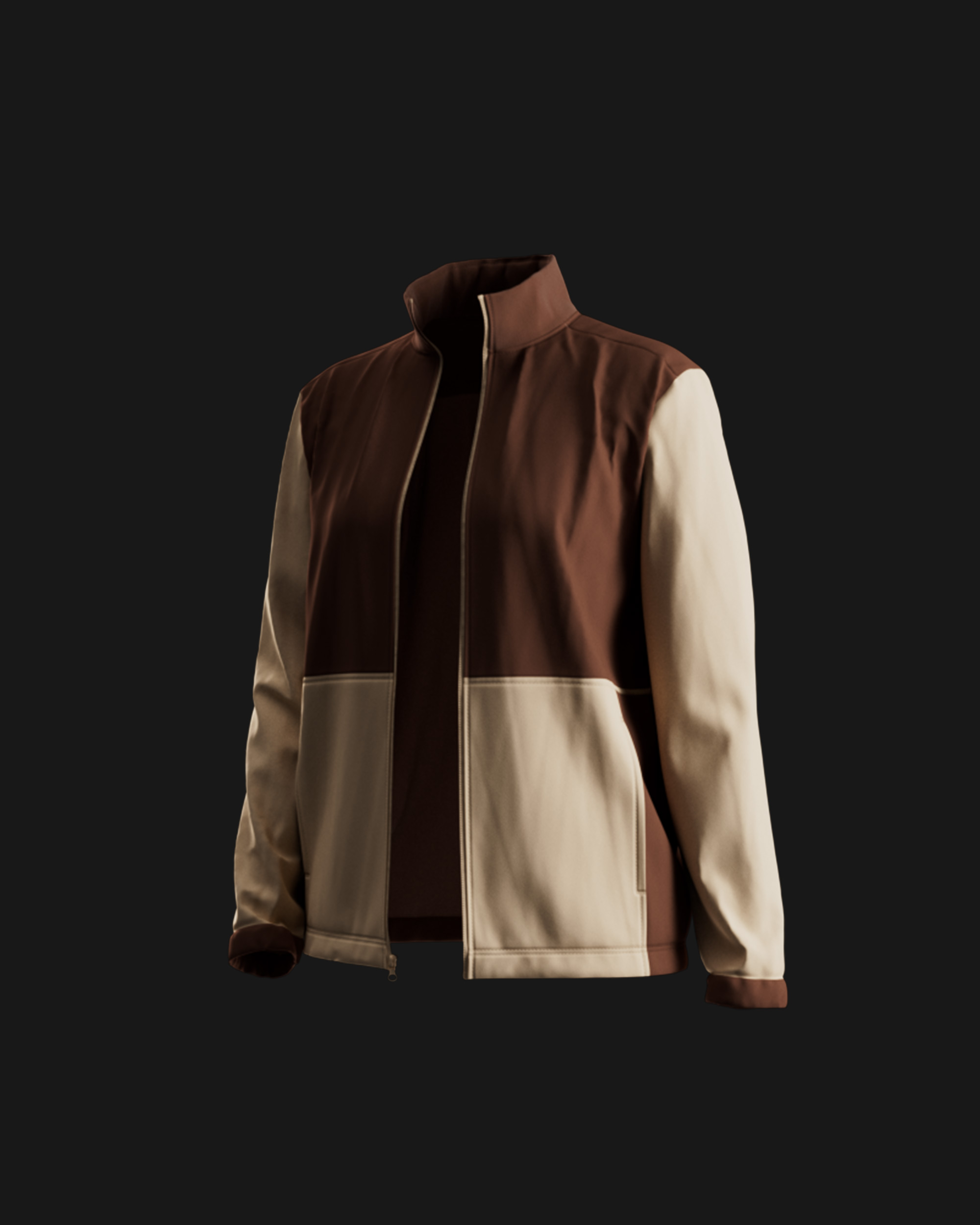 Aetheris track jacket in colour-blocked brown and cream, funnel collar and contrast panels, photoreal CGI render