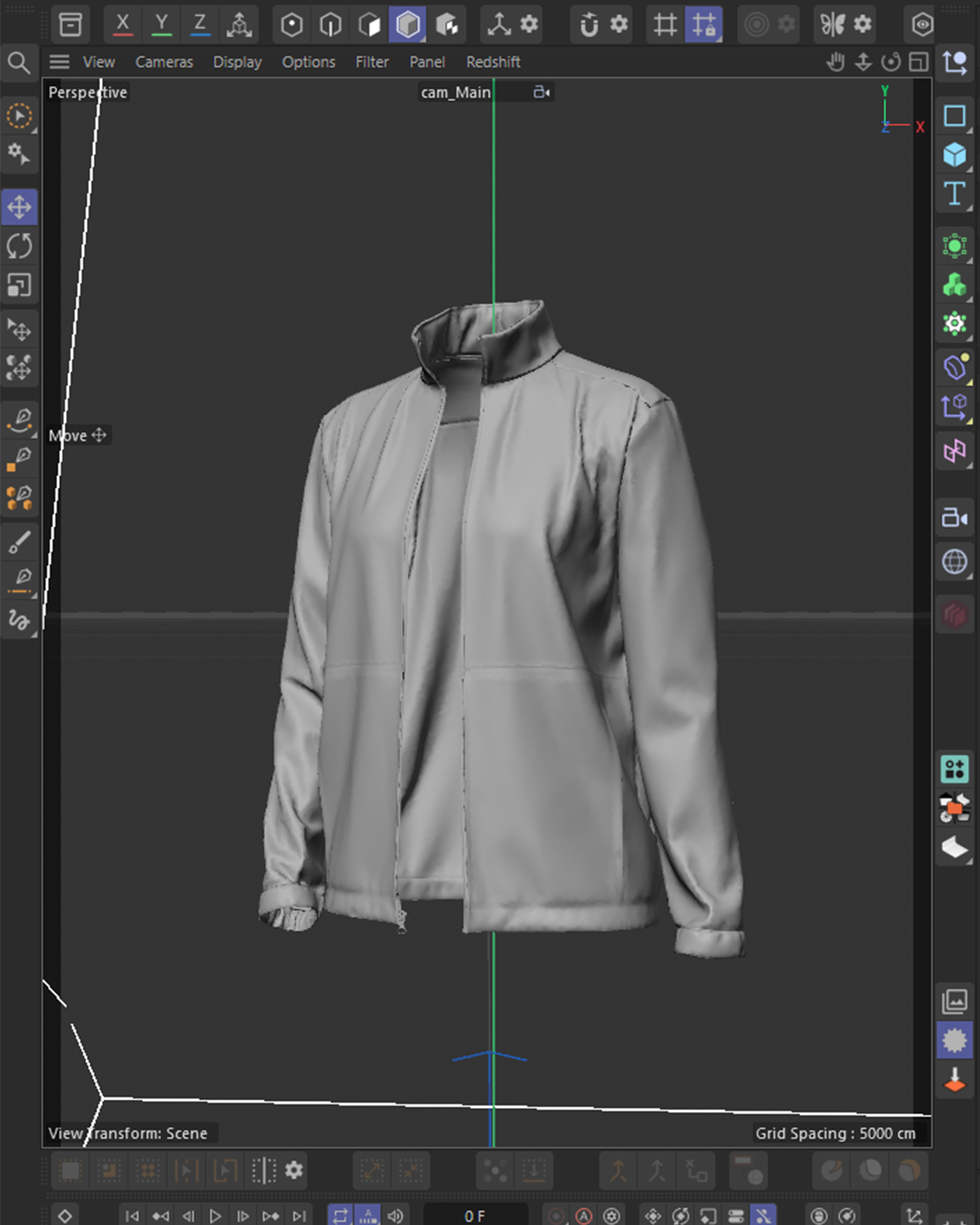 Cinema 4D viewport of the track jacket from the main camera, clay garment with the funnel collar, zip placket and cuff rolls modeled before any shader