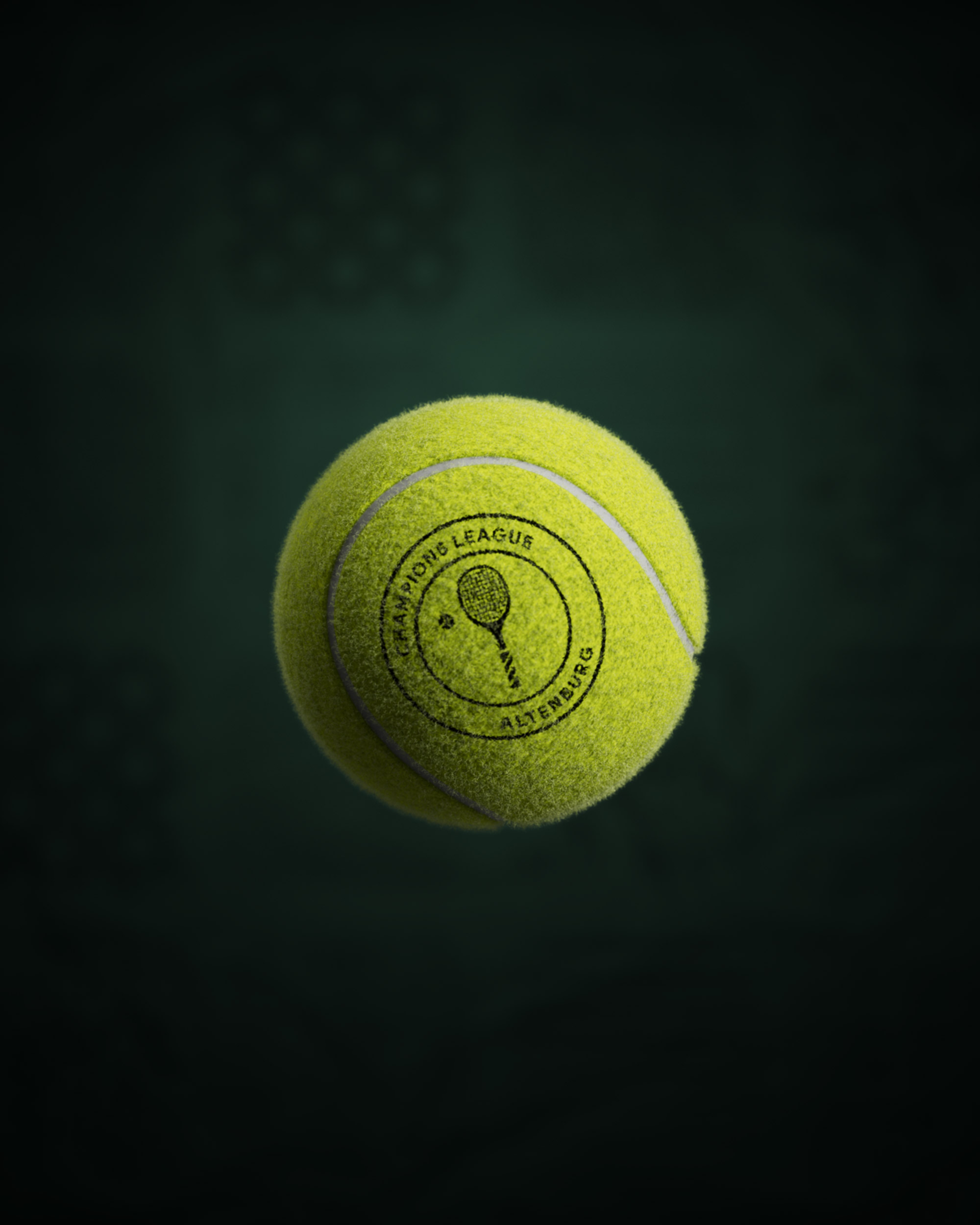 Tennis ball printed with the Champions League Altenburg crest, felt texture caught in a spotlight against dark green, 3D product render