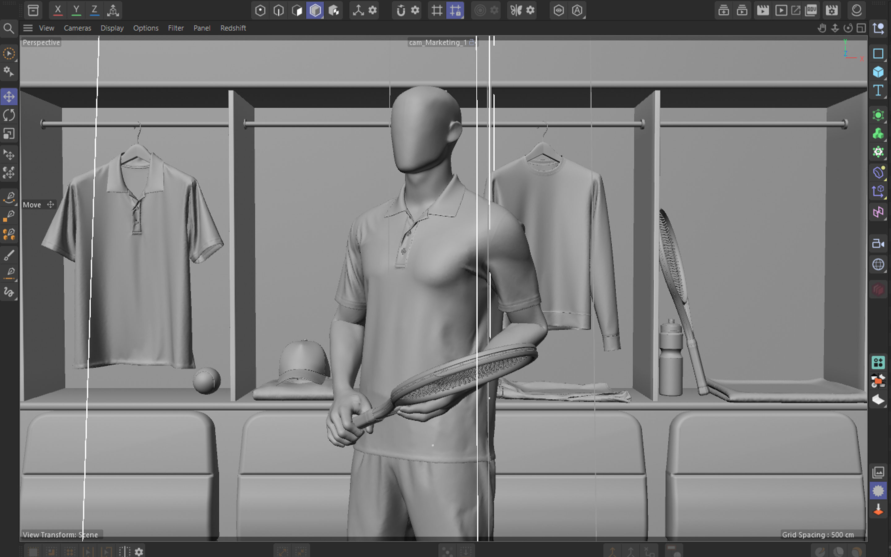 Cinema 4D viewport of the polo hero shot from the first marketing camera, clay mannequin holding the racket against the locker wall