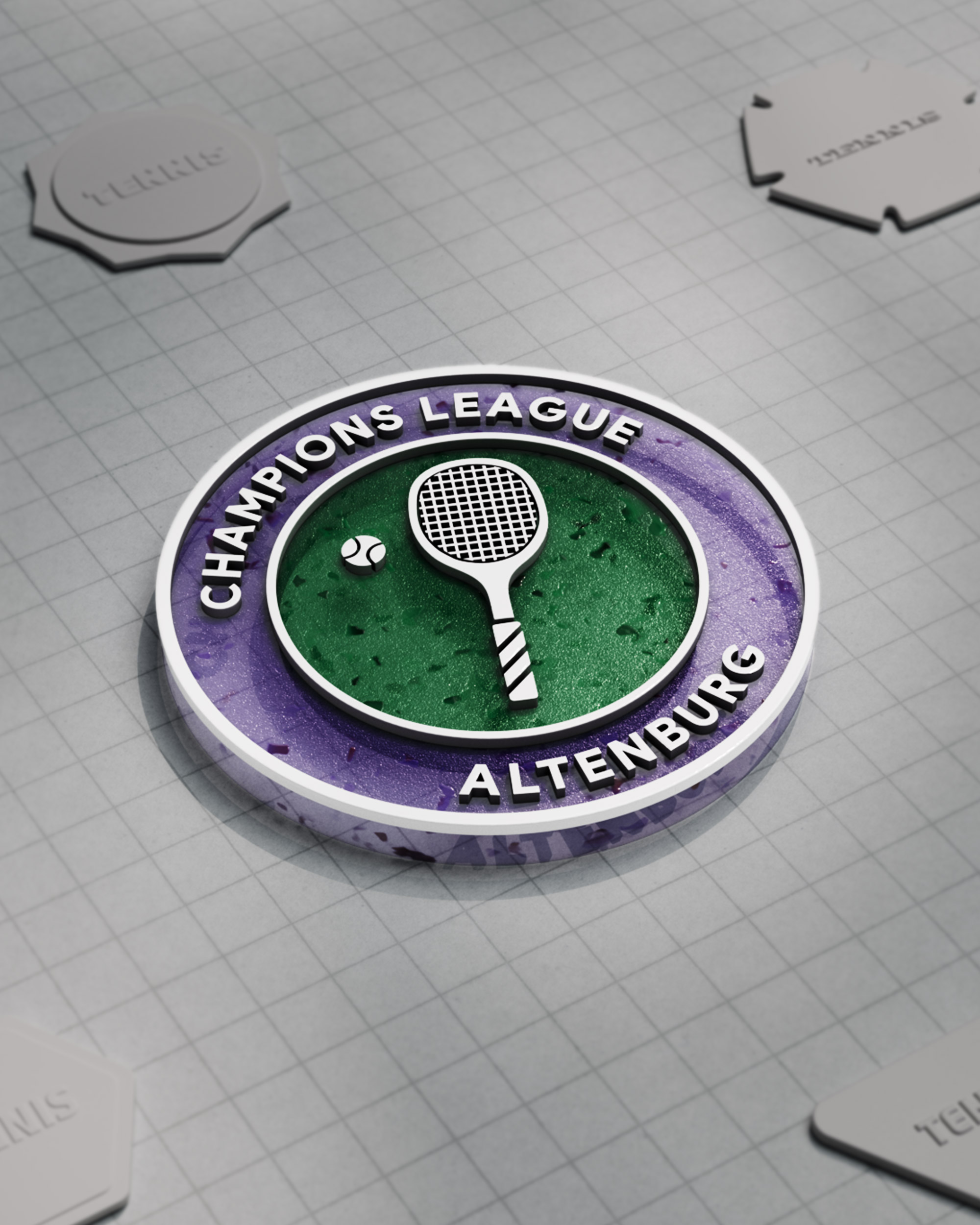 Champions League Altenburg club badge moulded in purple, green and white with a racket and ball, laid on a gridded cutting mat beside die-cut patch blanks, 3D render