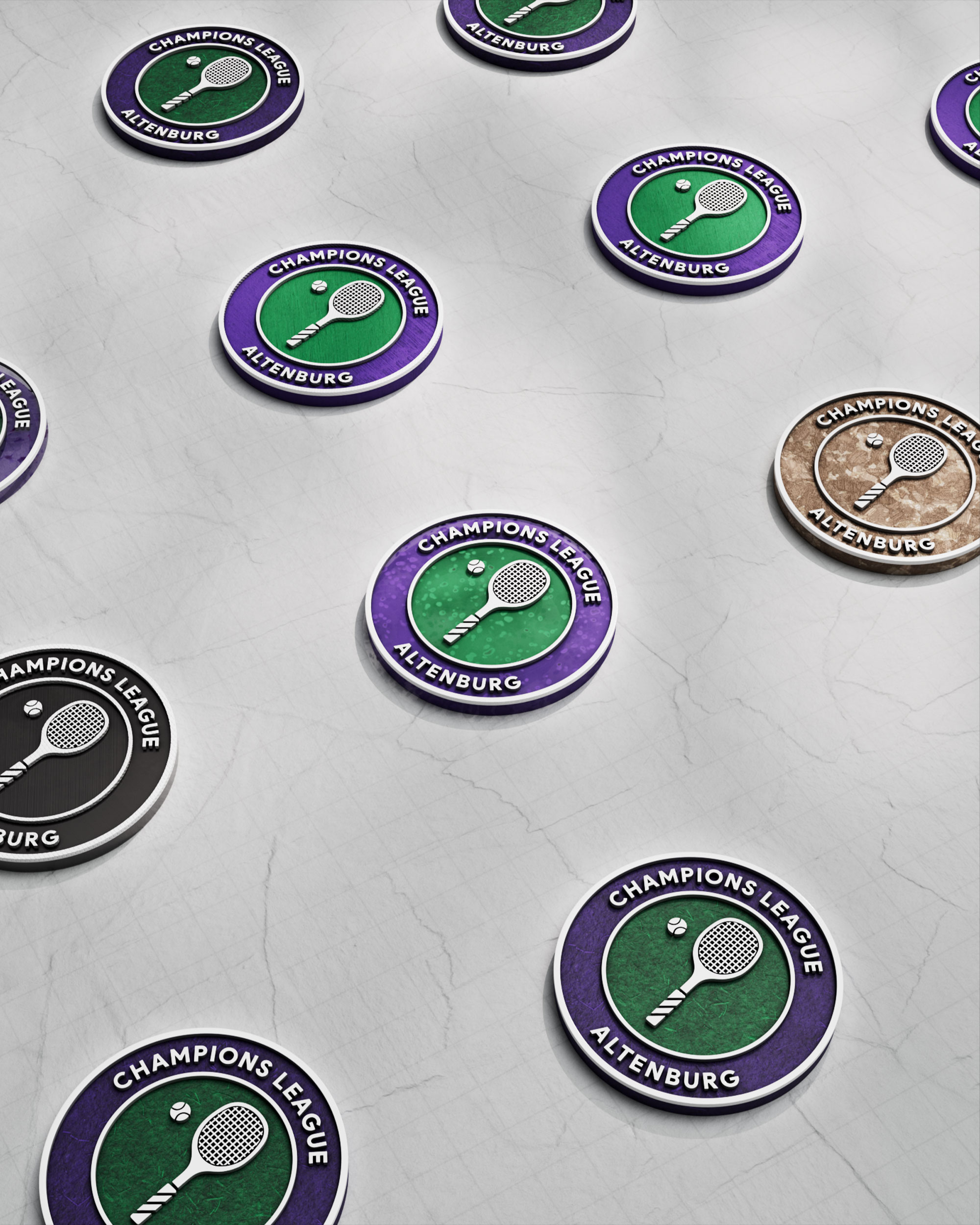 The same tennis club badge repeated across material finishes, embroidered, felt, rubber, brushed metal and cork, scattered on a pale surface, 3D render