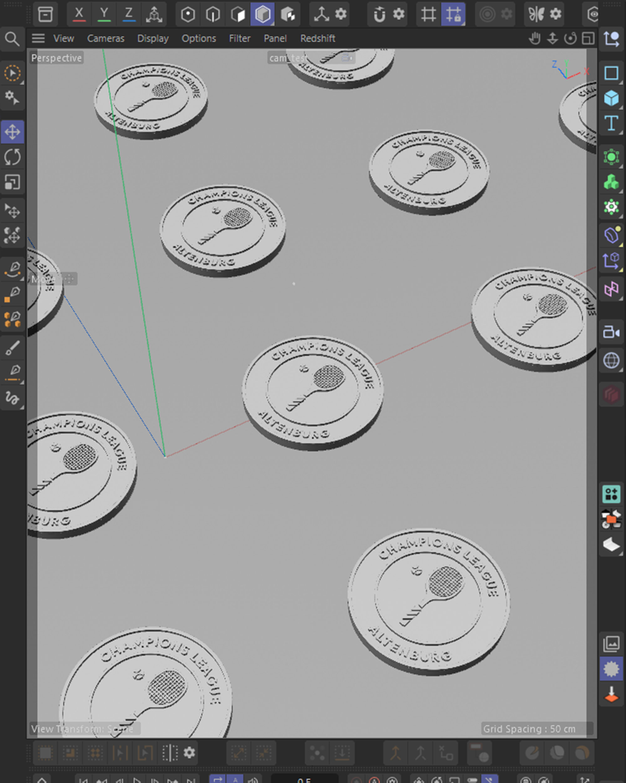 Cinema 4D viewport of the scattered club badge patches, clay models laid out for the material study