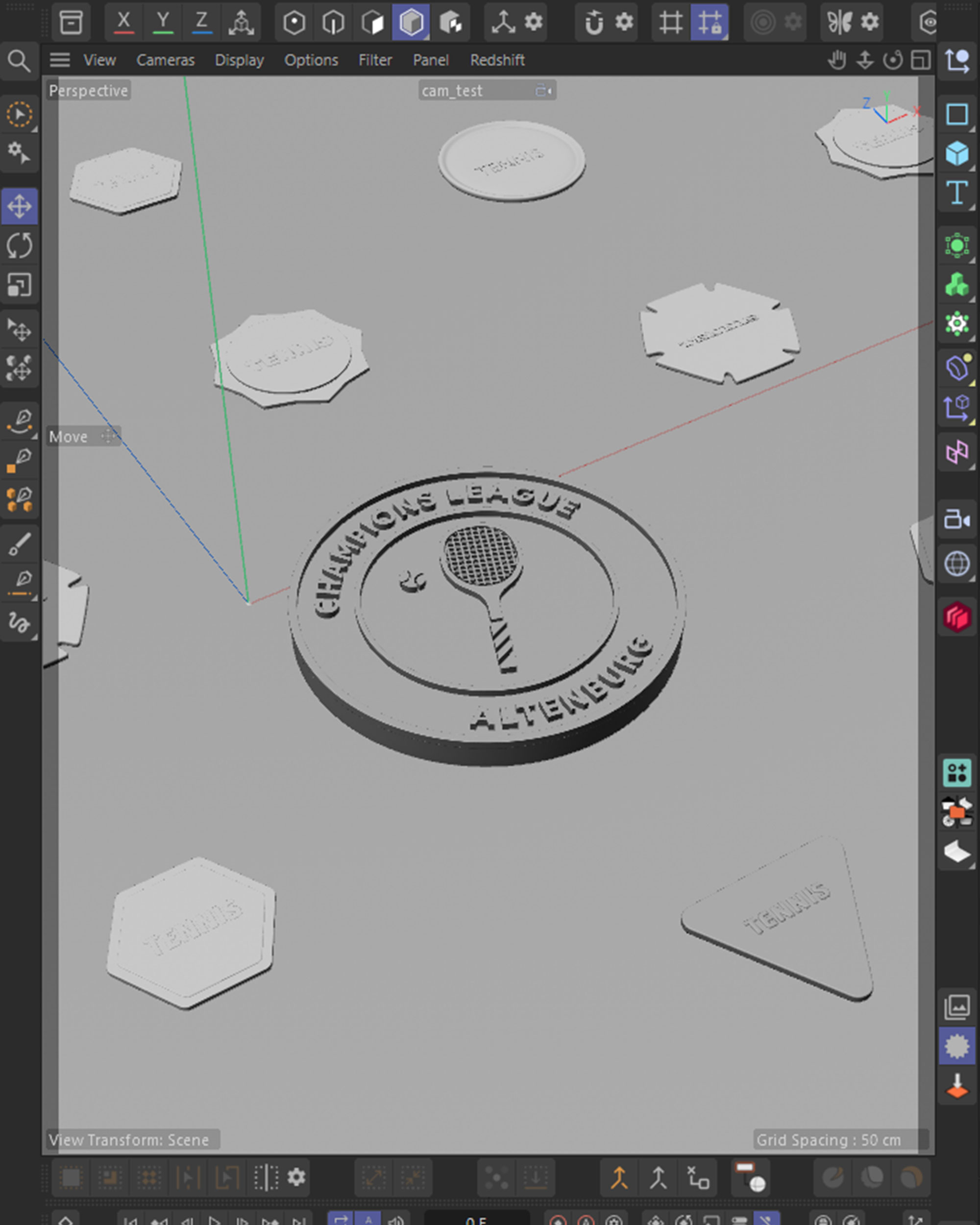 Cinema 4D viewport of the tennis club badge, untextured with the raised lettering and racket motif, die-cut patch blanks laid out around it