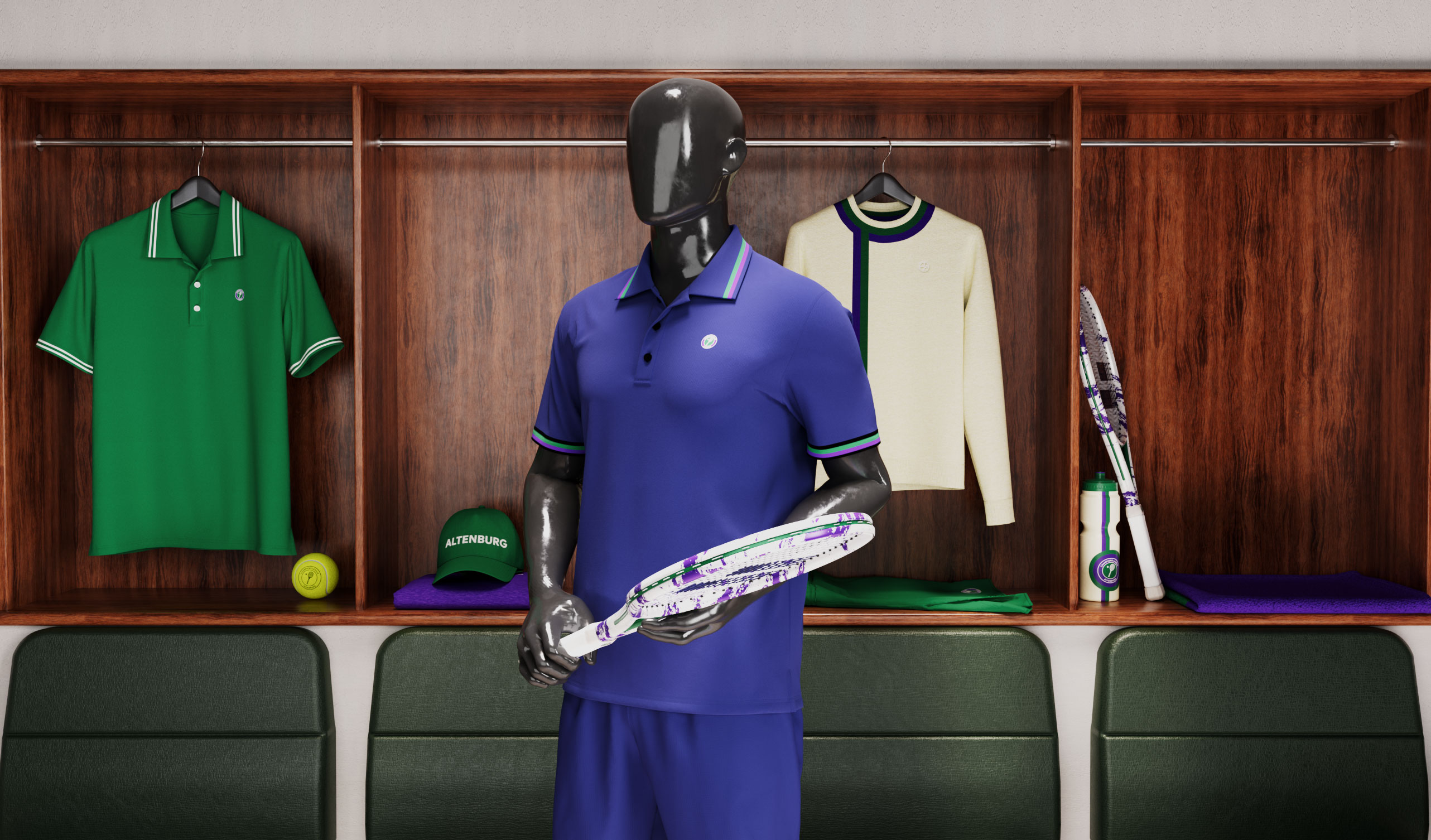 Mannequin in the royal blue Champions League Altenburg polo holding a racket, green polo and cream placket cardigan hung either side, green benches below, photoreal CGI render