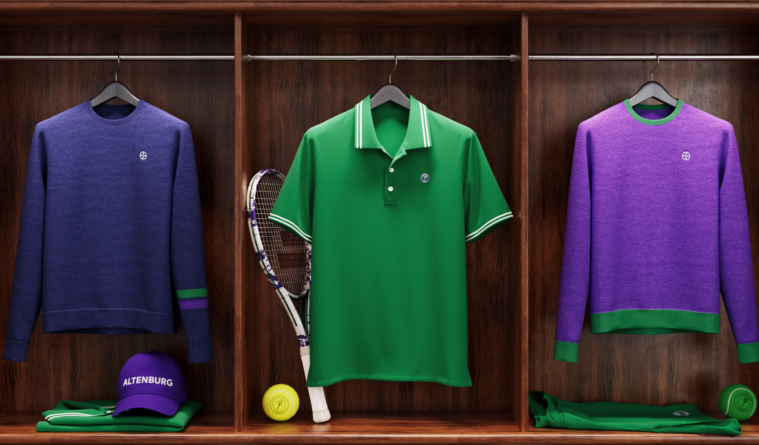 Locker bay lineup, navy club sweatshirt, green tipped polo with a splatter-print racket and branded ball, and a purple sweatshirt with green trim, folded shorts and the Altenburg cap on the shelf, photoreal CGI render