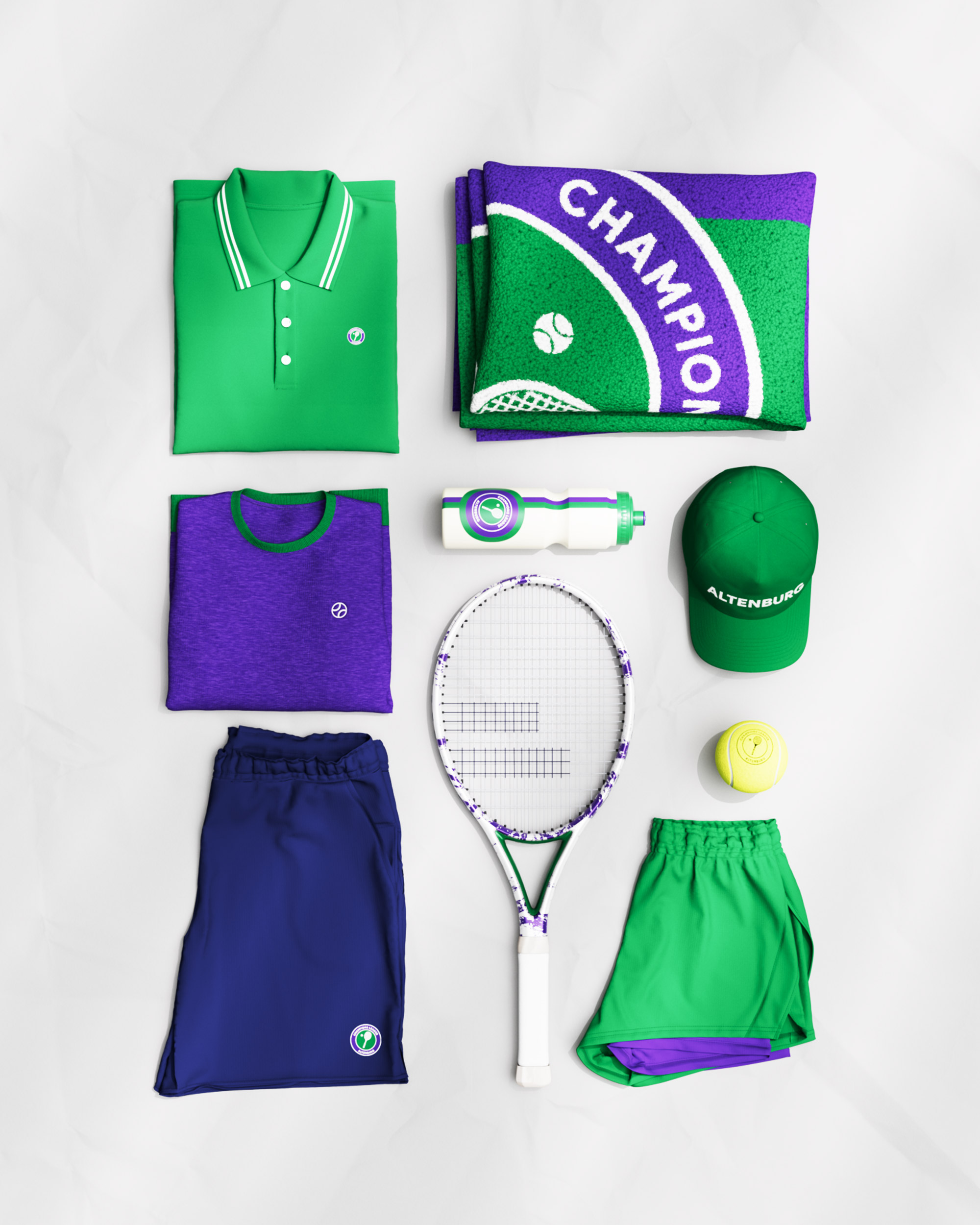 Champions League Altenburg merchandise bundle flat-lay, green polo, purple sweatshirt, fleece towel, bottle, cap, racket, ball, navy trousers and green shorts, 3D render
