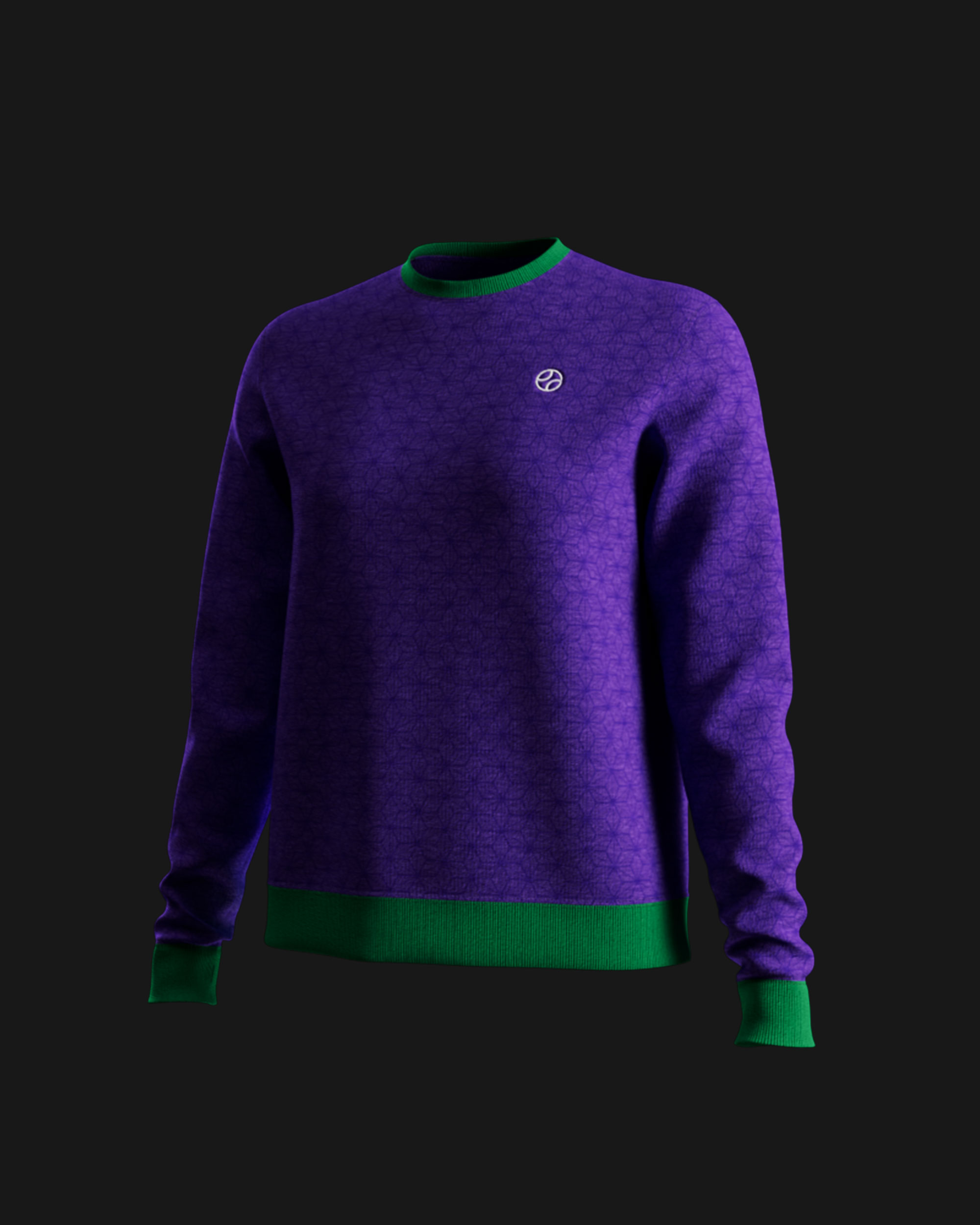 Purple crew-neck tennis sweatshirt with a tonal jacquard pattern and green ribbed collar, cuffs and hem, photoreal CGI render