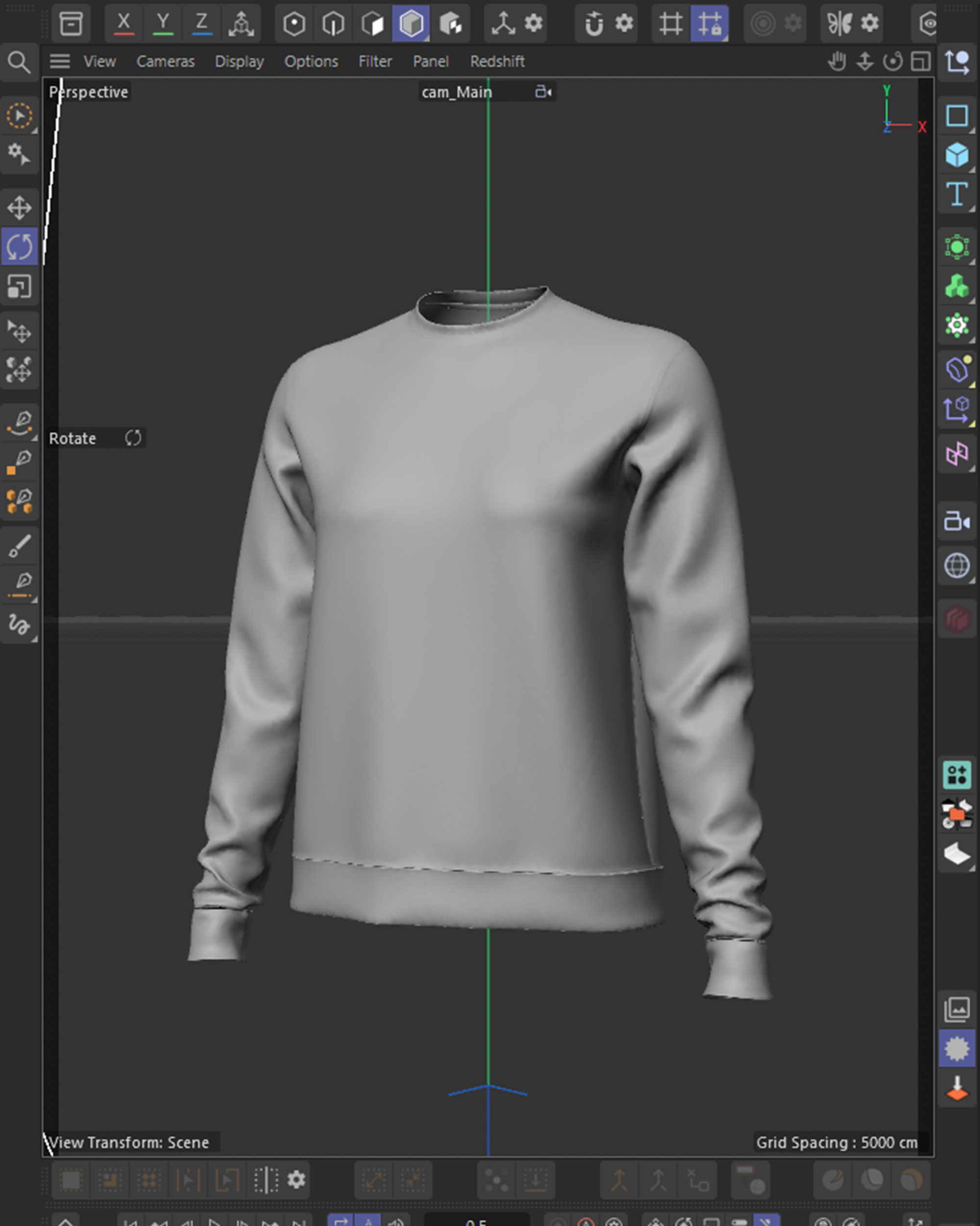 Cinema 4D viewport of the crew-neck club sweatshirt, simulated clay garment before the jacquard shader