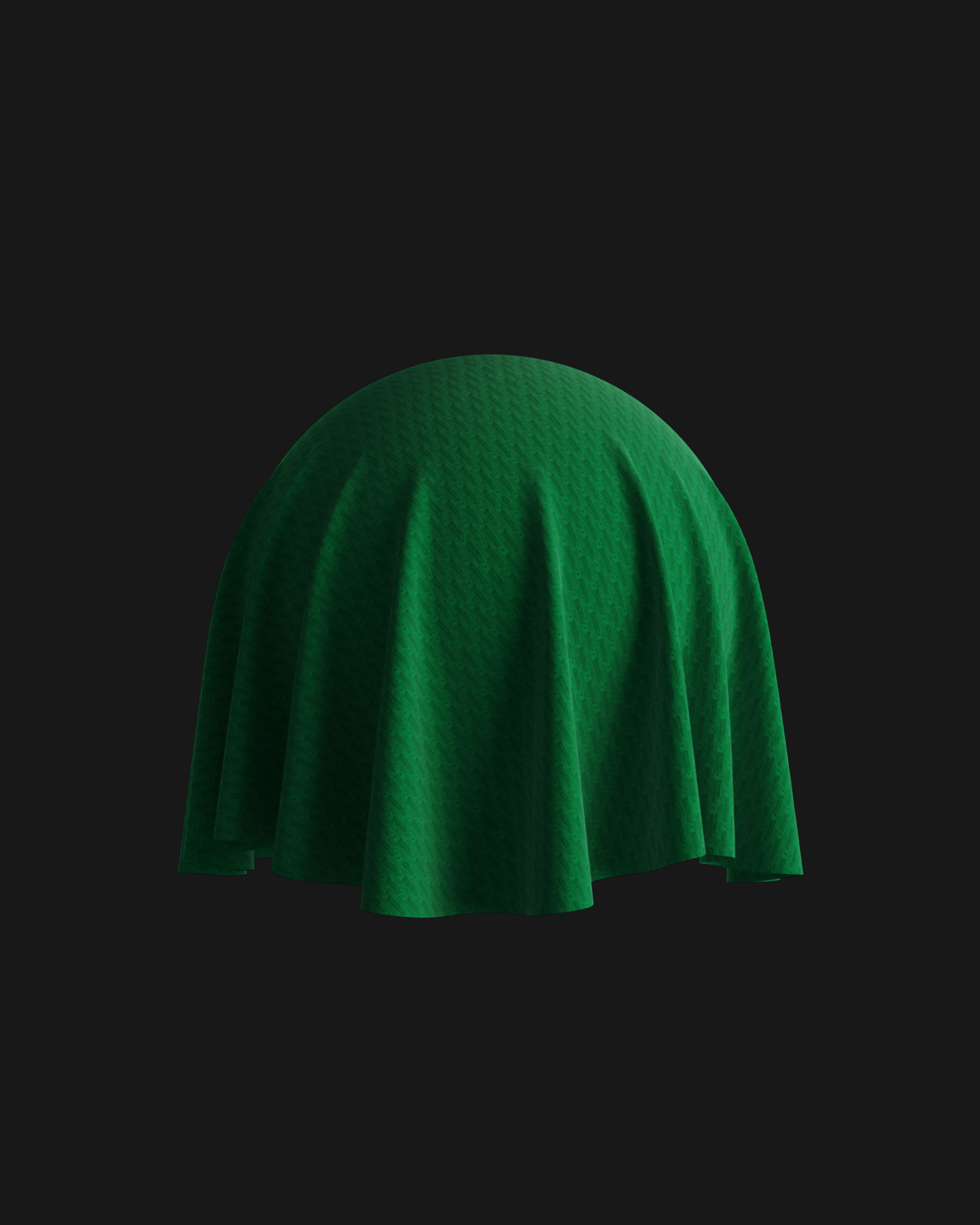 Fabric lookdev study, green club knit draped over a sphere to read the jacquard weave and sheen, 3D render