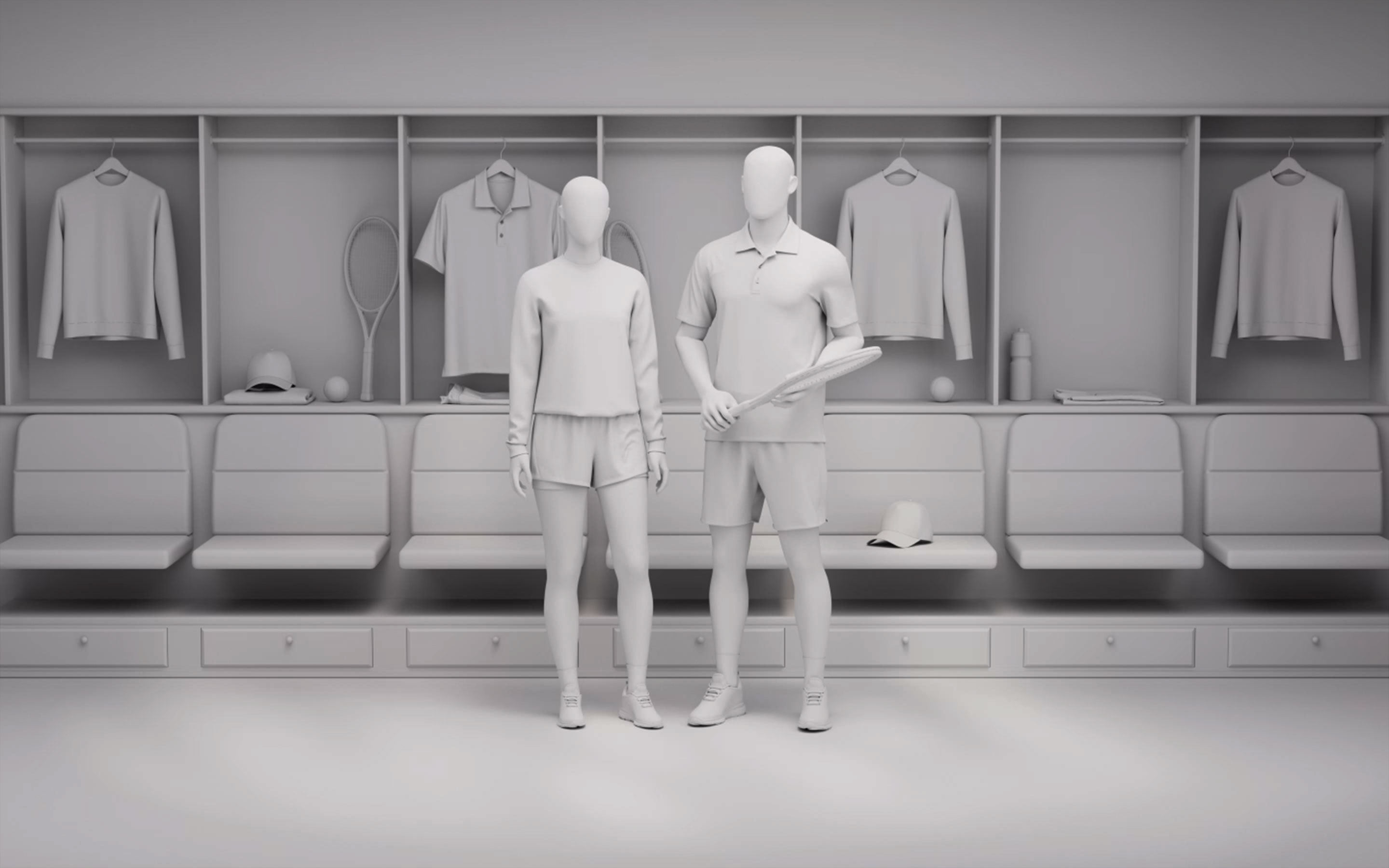 Clay render of the tennis locker-room scene, all materials stripped back to grey so the lighting and composition can be judged on their own