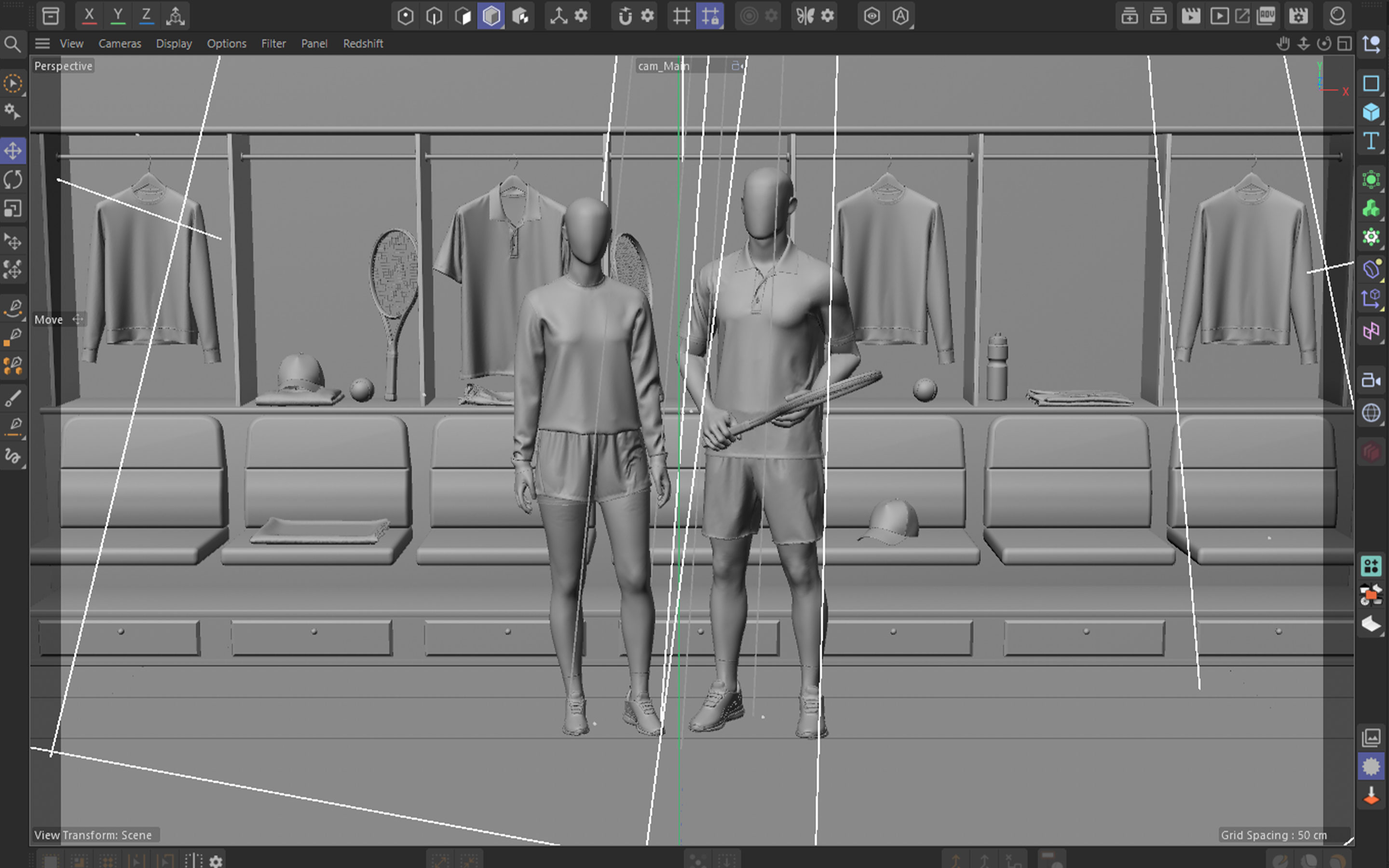 Cinema 4D viewport of the full tennis locker-room scene from the main camera, clay mannequins, benches and hung garments