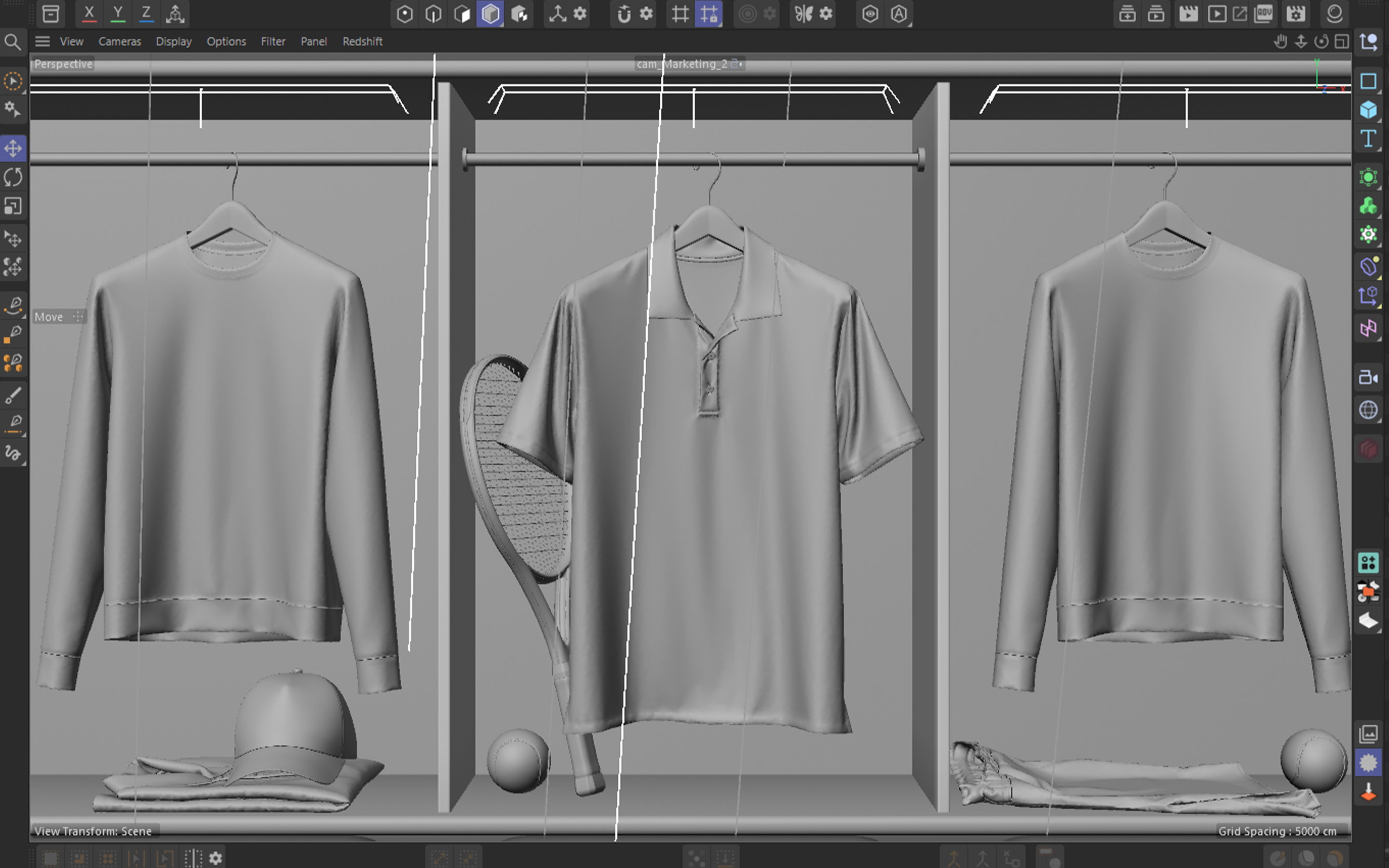 Cinema 4D viewport of the locker bays from the second marketing camera, clay sweatshirts, polo, racket and shelf props