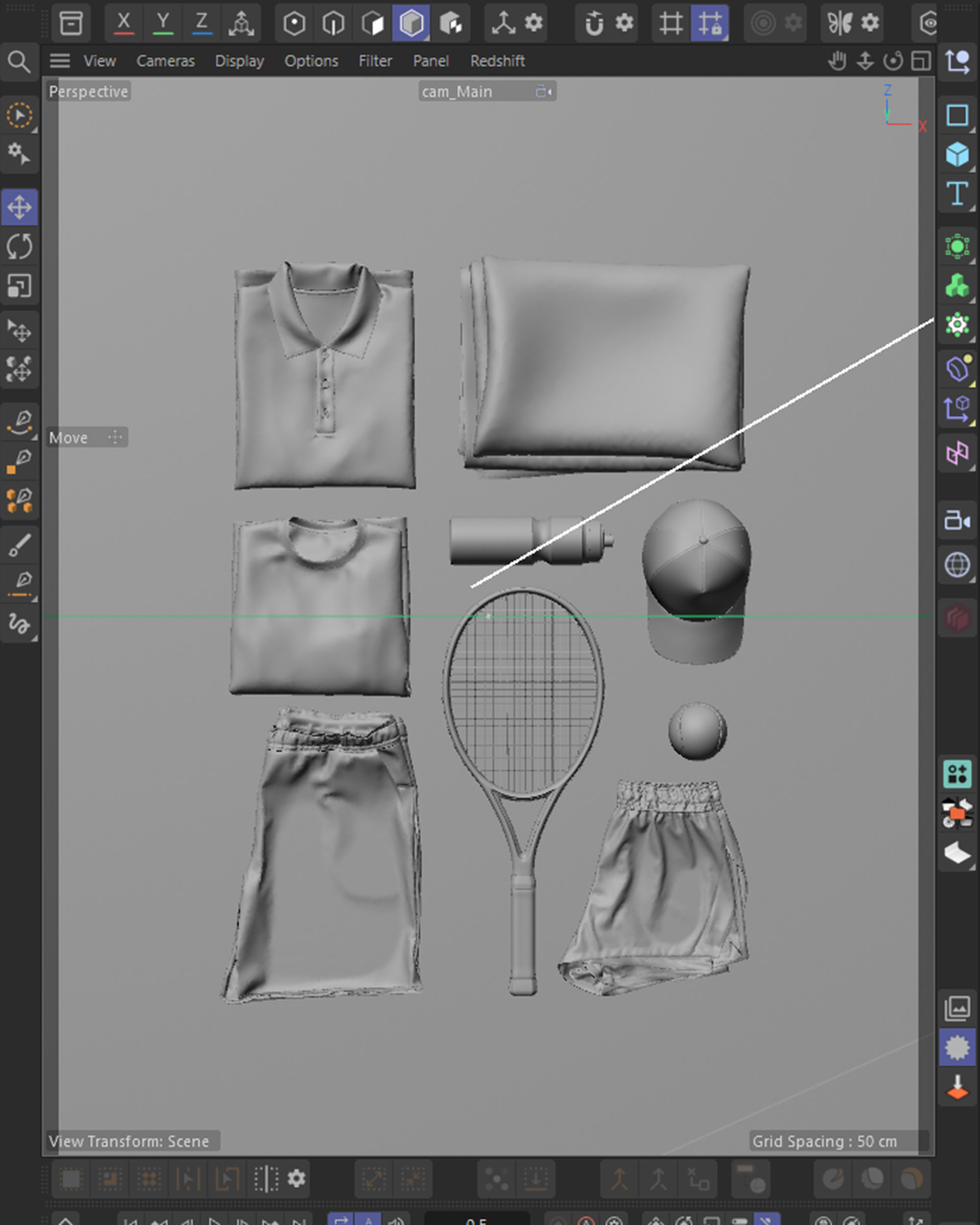 Cinema 4D viewport of the merchandise bundle flat-lay, clay models of the polo, towel, bottle, cap, racket and shorts