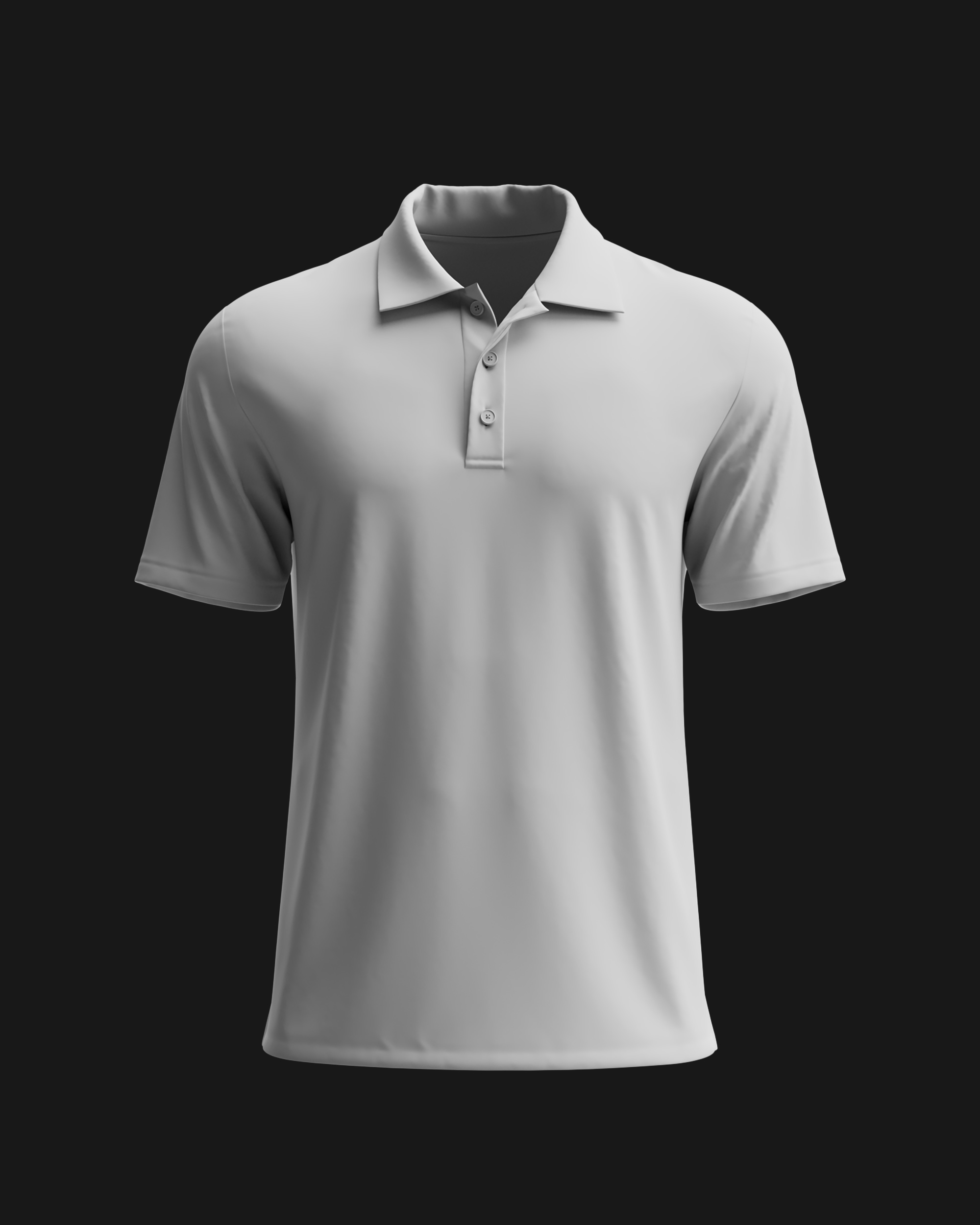 Blank white base tennis polo before any branding, three-button placket, photoreal CGI render