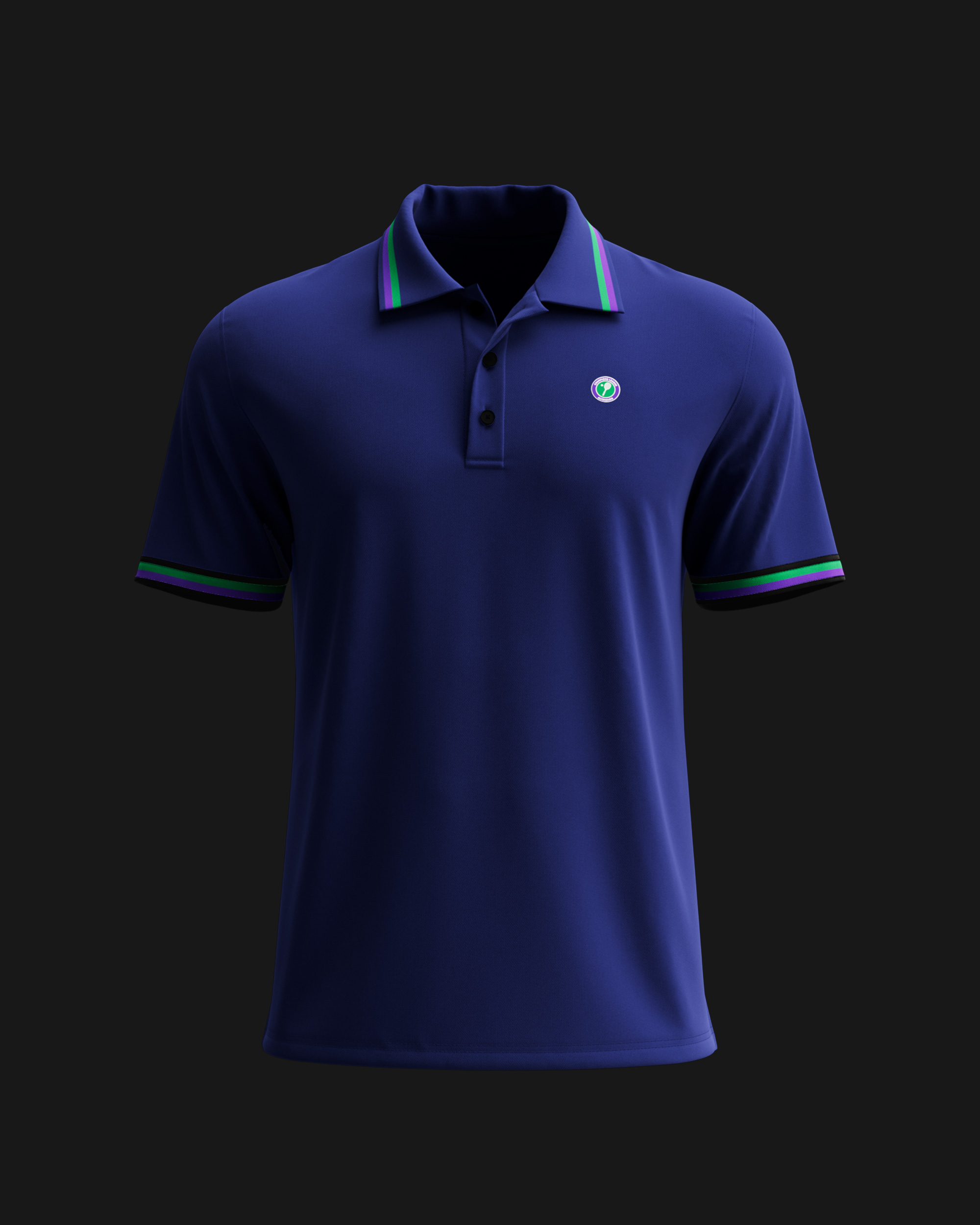 Branded Champions League Altenburg tennis polo in royal blue with green and purple collar and cuff tipping and the club crest at the chest, photoreal CGI render