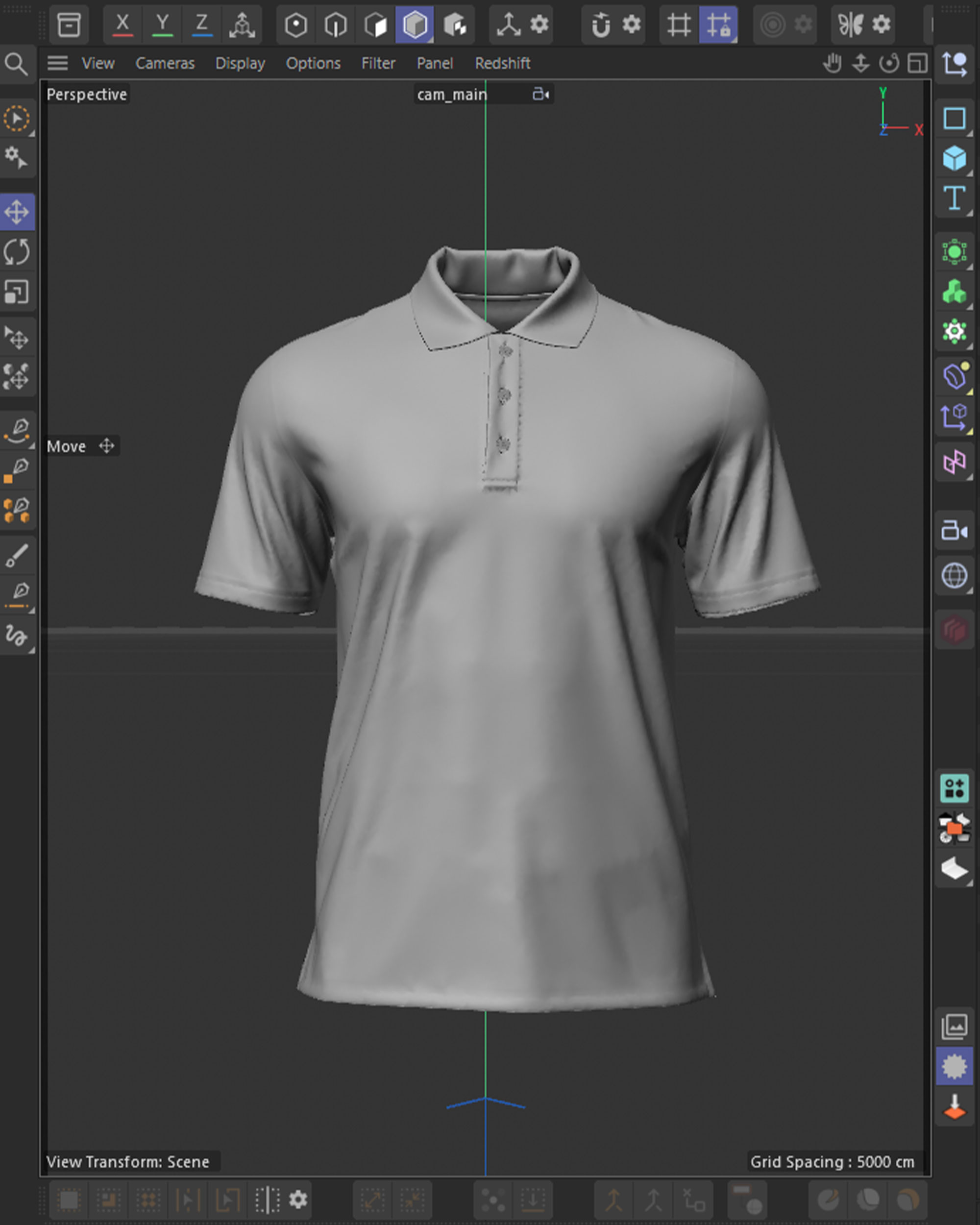 Cinema 4D viewport of the tennis polo from the main camera, untextured clay garment with the collar roll, placket stitching and buttons already modeled