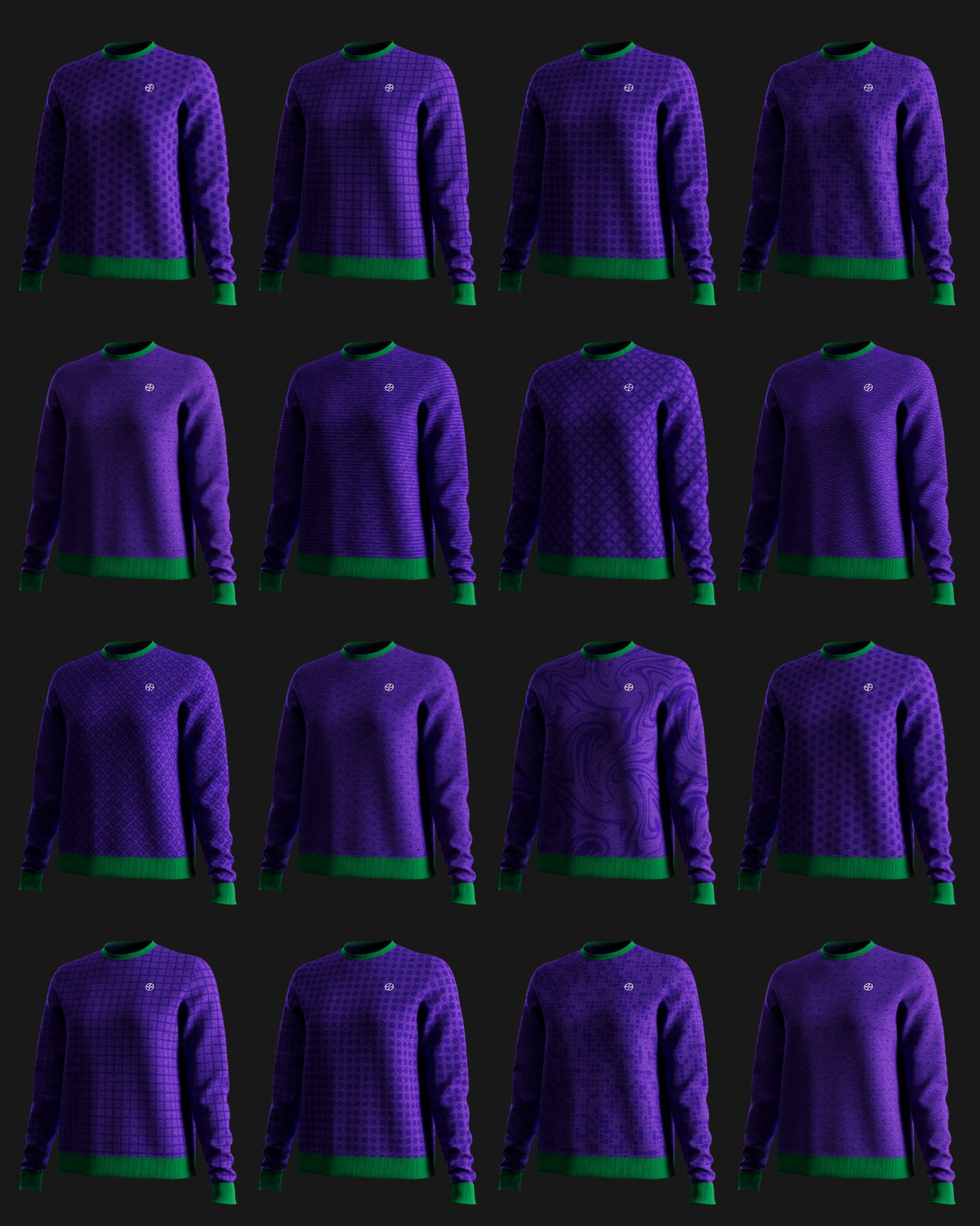 Sixteen-up grid of the same purple club sweatshirt, each one carrying a different tonal jacquard pattern, 3D render