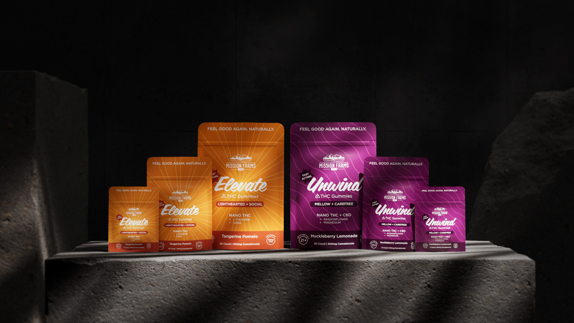 Mission Farms CBD Nano THC gummies product range, photoreal CGI hero render in Cinema 4D and Redshift