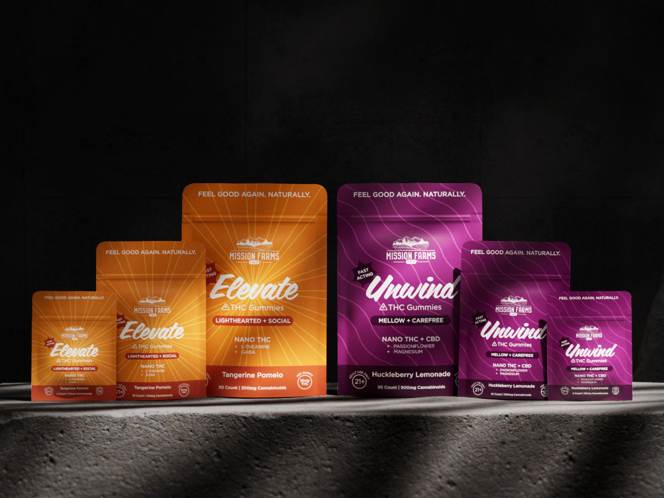 Mission Farms CBD Nano THC gummies product range, photoreal CGI render by Tanzim Rahat