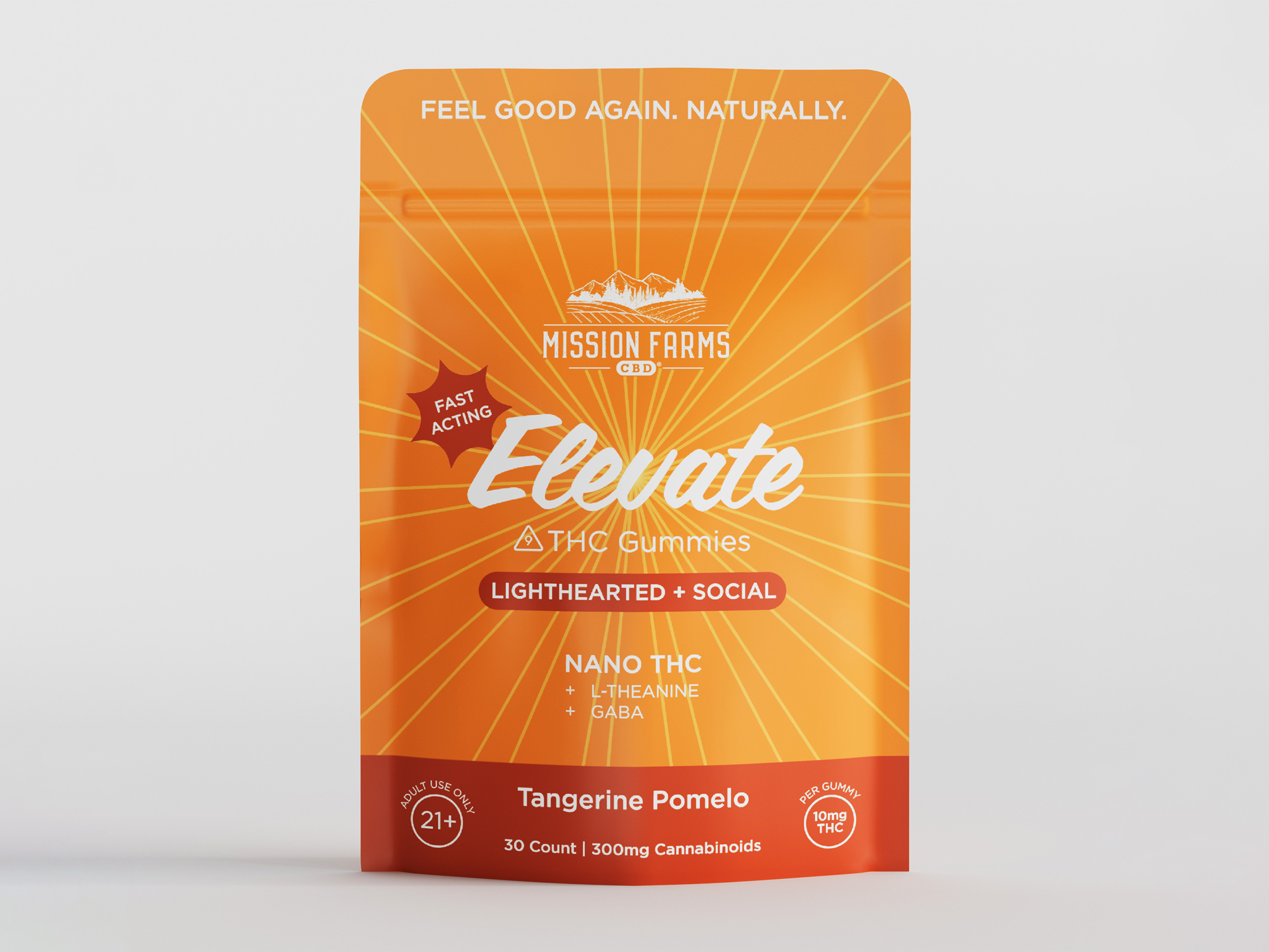 Mission Farms Elevate Tangerine Pomelo Nano THC gummy pouch, photoreal CGI render