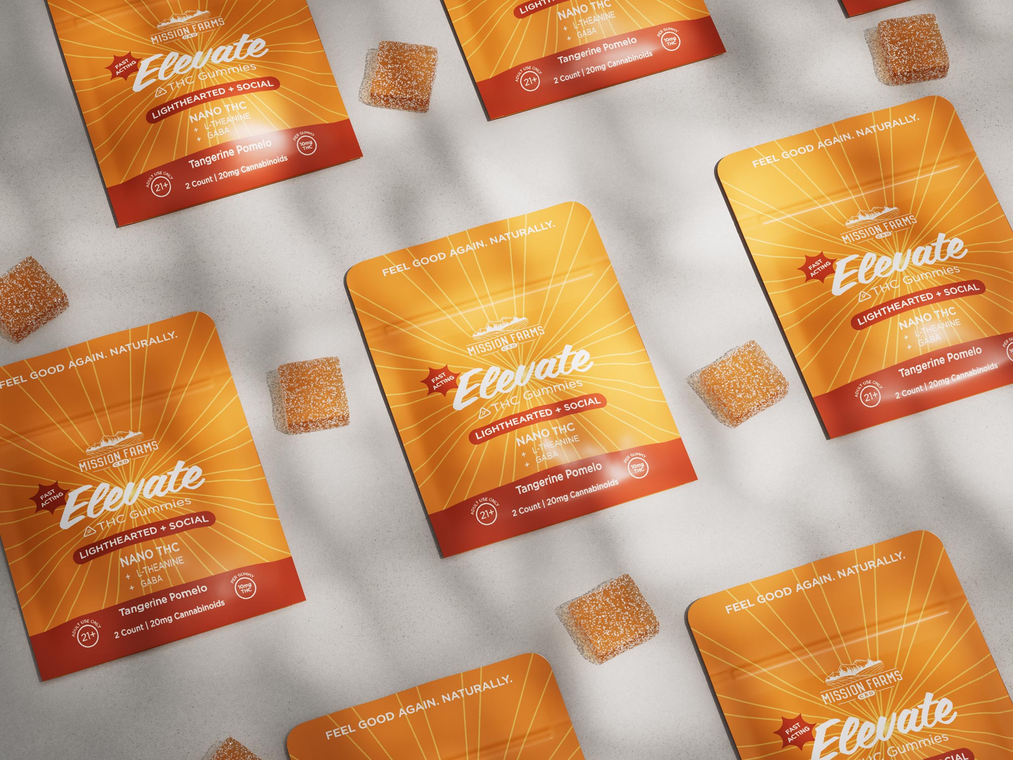 Mission Farms Elevate Tangerine Pomelo Nano THC gummies, flat-lay CGI render