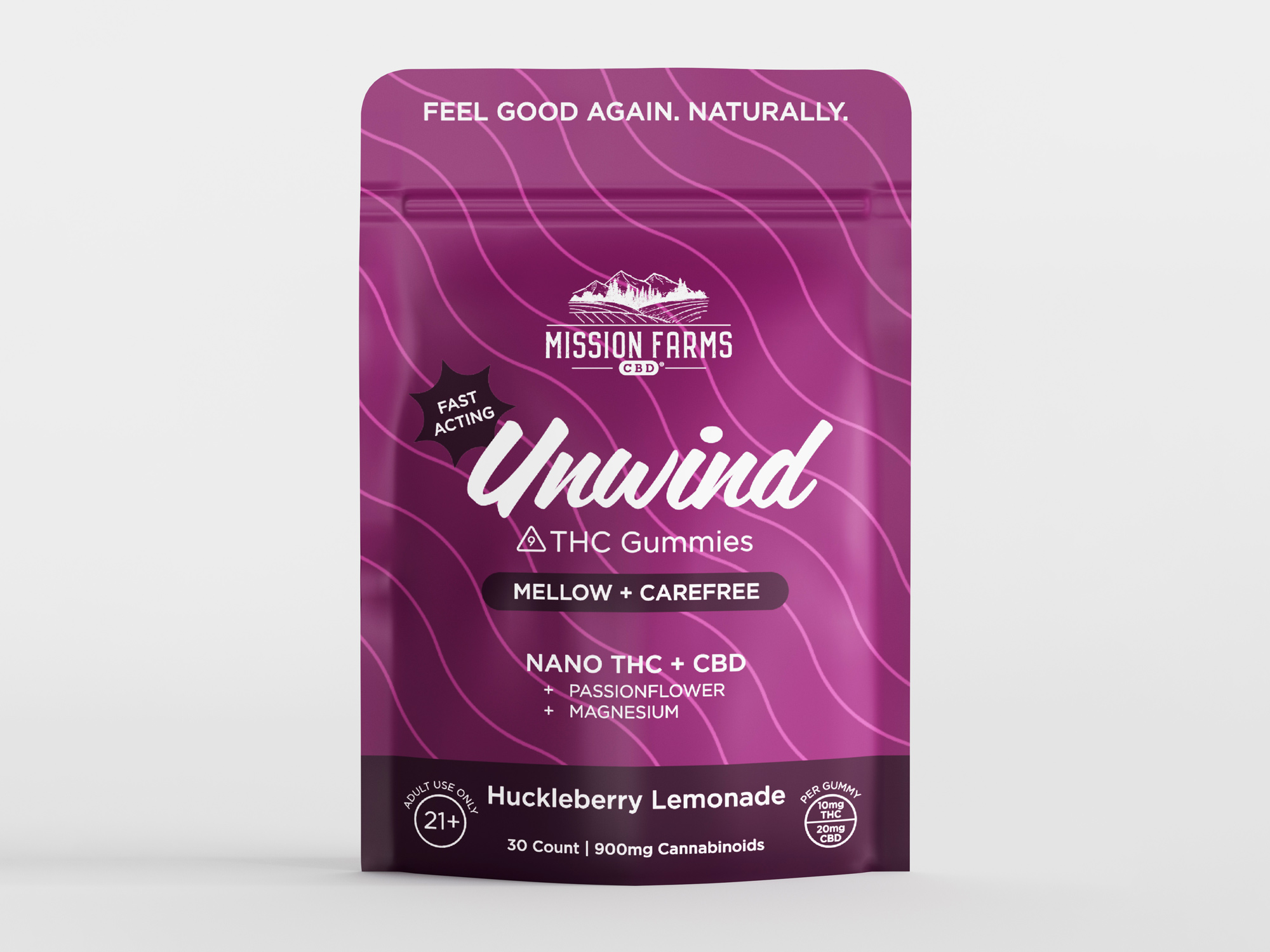 Mission Farms Unwind Huckleberry Lemonade Nano THC and CBD gummy pouch, photoreal CGI render