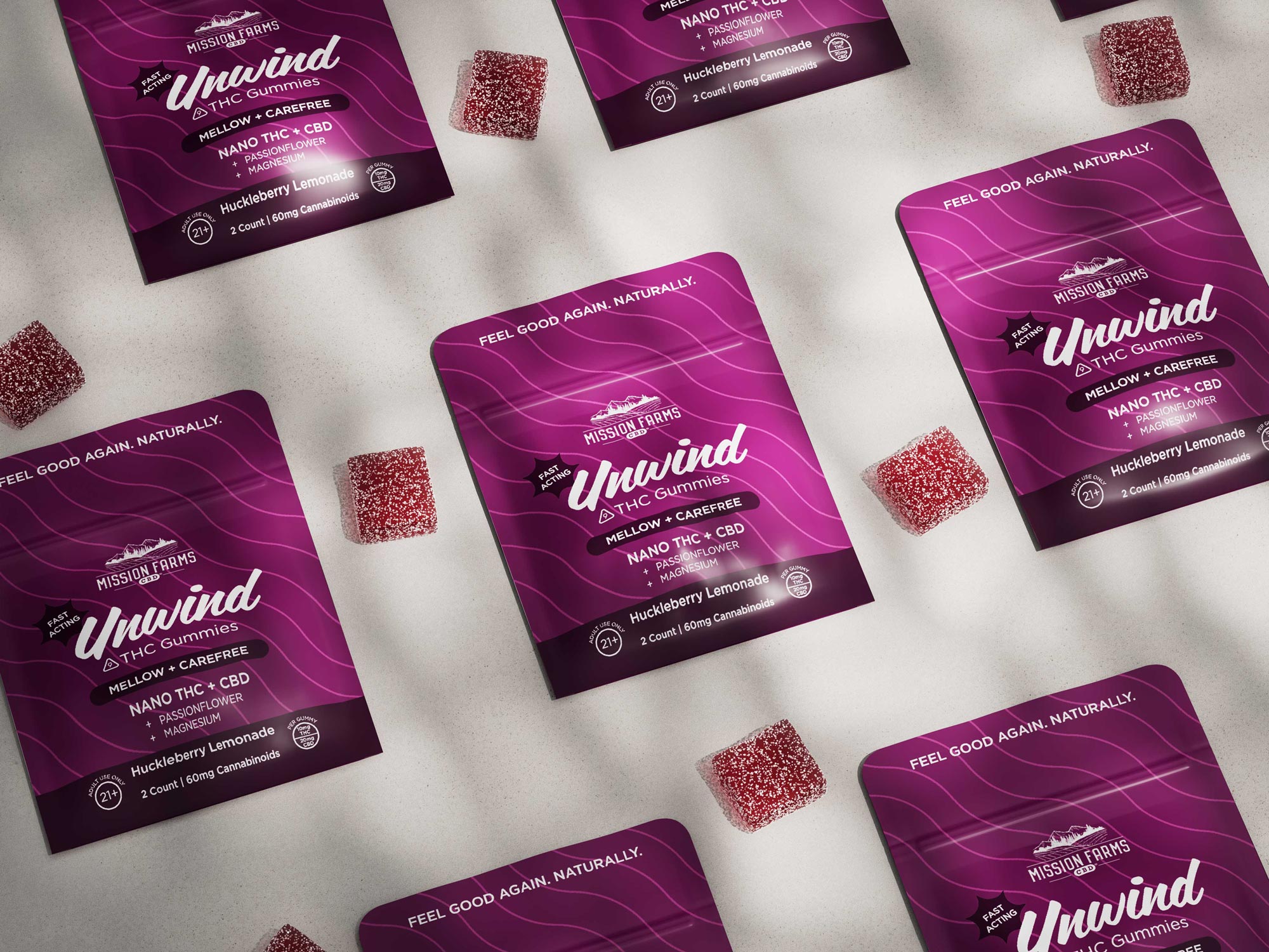 Mission Farms Unwind Huckleberry Lemonade Nano THC gummies, flat-lay CGI render