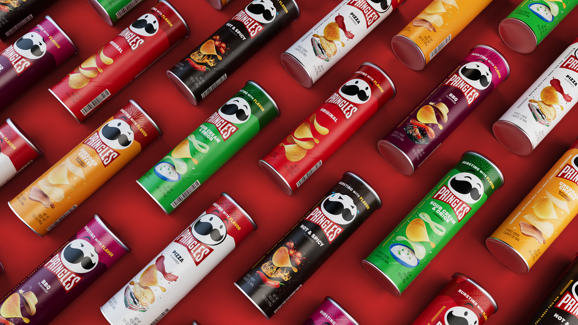 Pringles full flavour range, all cans arranged in a diagonal grid on a red background, photoreal CGI hero render