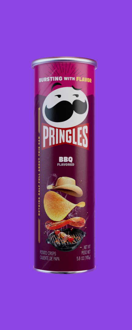Pringles BBQ can, photoreal CGI pack shot on a purple background