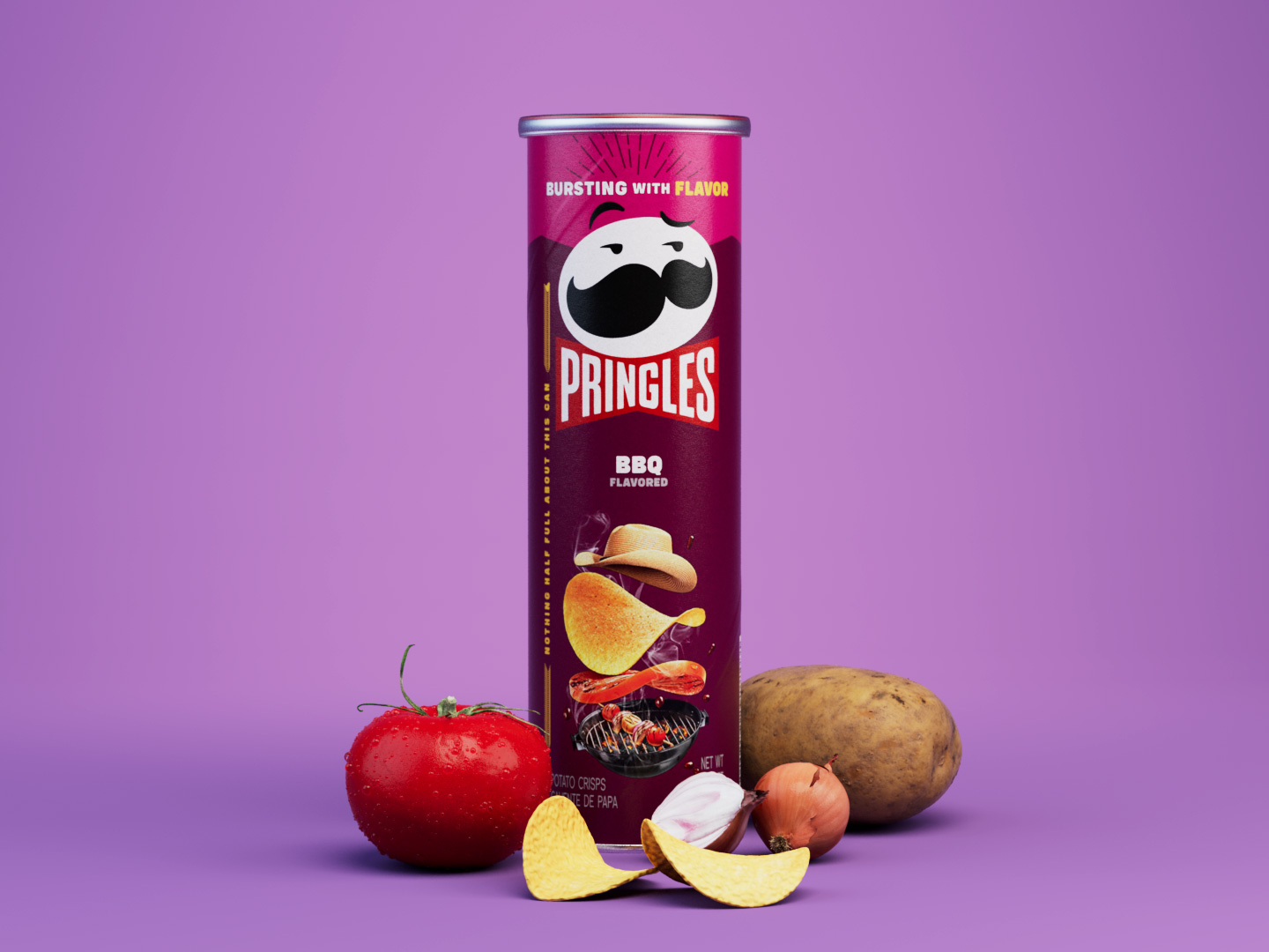 Pringles BBQ can styled scene with tomato, potato and onion on a purple background, photoreal CGI render